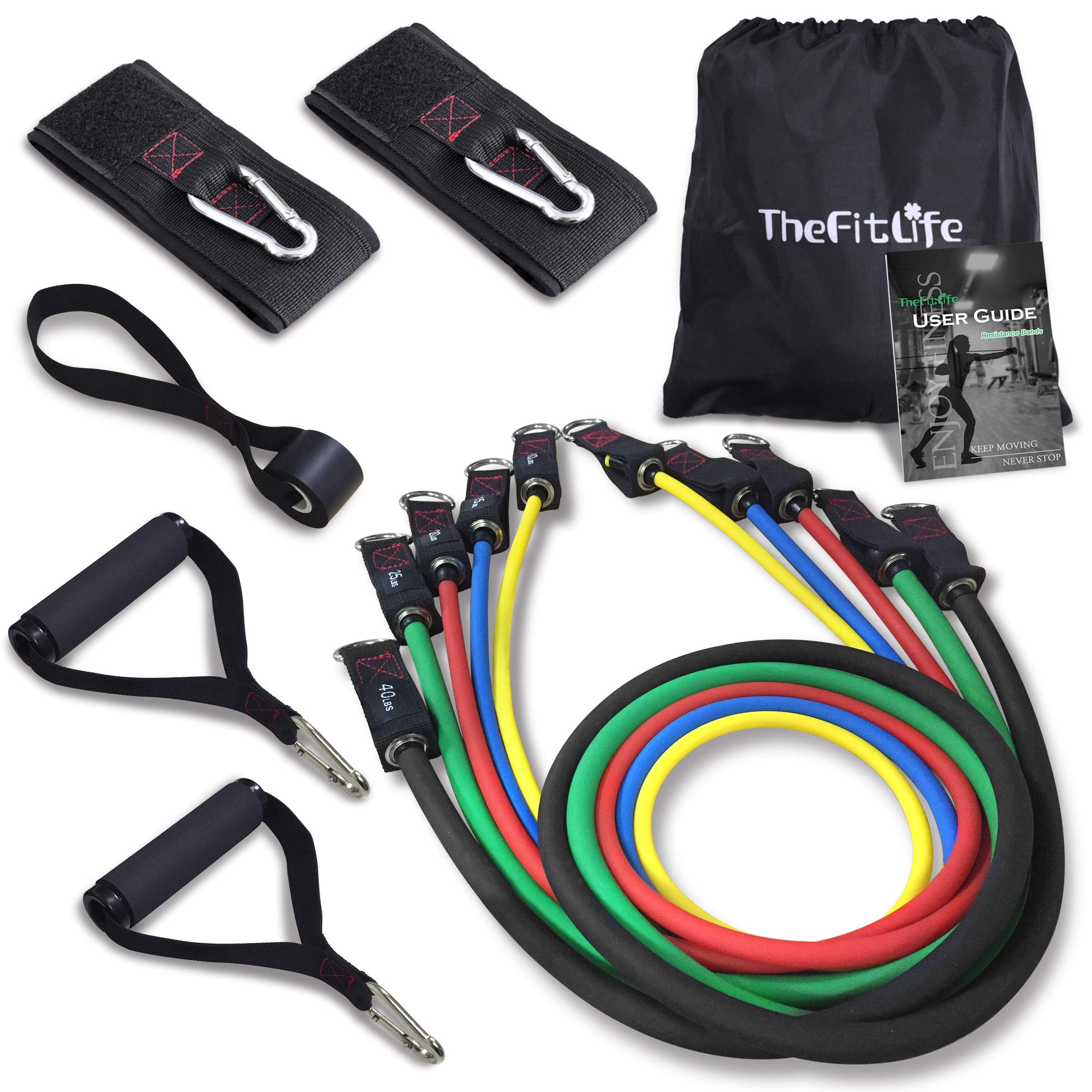TheFitLife Exercise Resistance Bands with Handles - 5 Fitness Workout Bands Stackable up to 110 lbs, Training Tubes with Large Handles, Ankle Straps, Door Anchor Attachment, Carry Bag and Bonus eBook