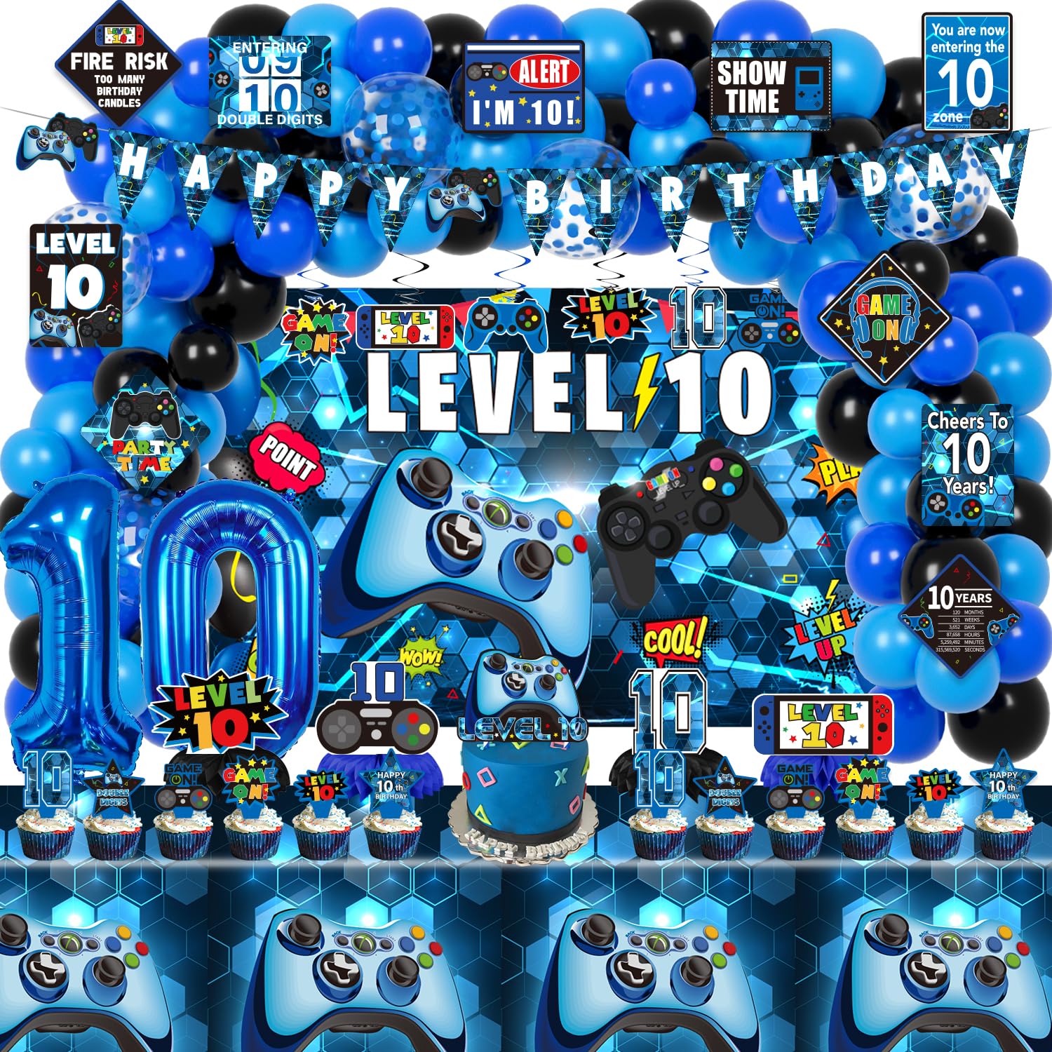 KOTLMIGHT 10th Birthday Decorations for Boys, 149Pcs Blue Video Game level 10 Party Supplies for Boy 10th Birthday - Backdrop, Banner, Balloons,