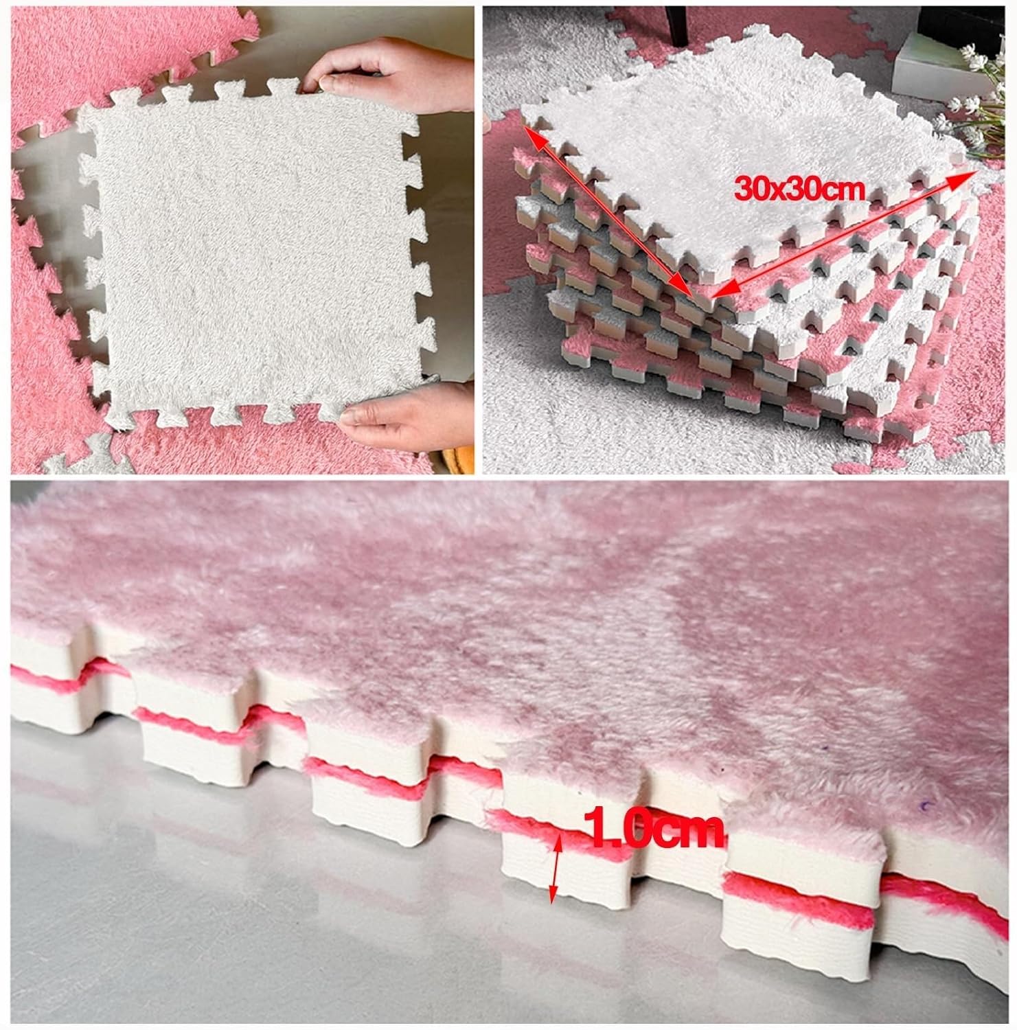 30x30x1cm Square - 100pcs Fluffy Carpet Puzzle Mats for Floor Plush Foam Mat, Interlocking Carpet Tiles for Children Kids Room Home Parlor Bedroom(White+Light Gray)