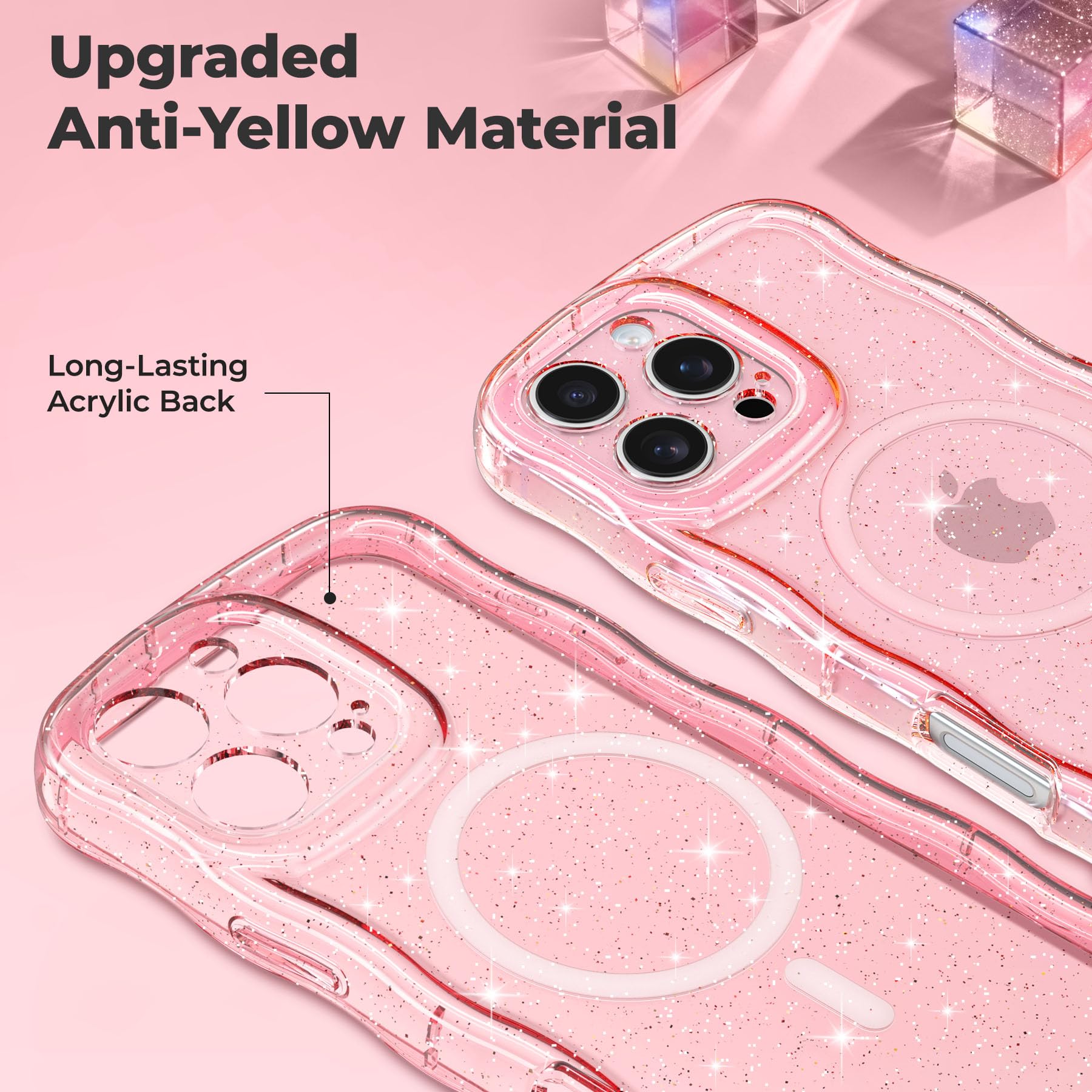 FABSPARK Funda para iPhone 16 Pro, compatible con MagSafe, magnética, transparente, rizada, ondulada, marco ondulado, con purpurina brillante, policarbonato duro acrílico transparente para iPhone 16