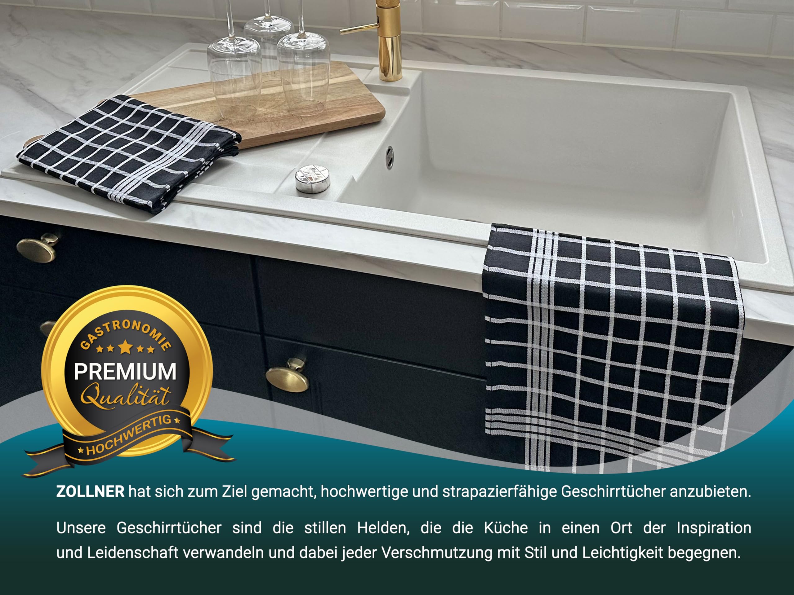 ZOLLNER 5er Set Geschirrtücher, 50x70 cm, 100% Baumwolle, schwarz weiß kariert