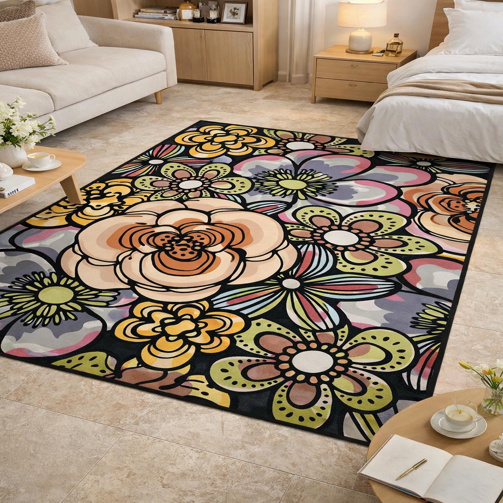 Tapis de salon moderne floral rose 180x270cm grand modèle à poil ras finitions soignées