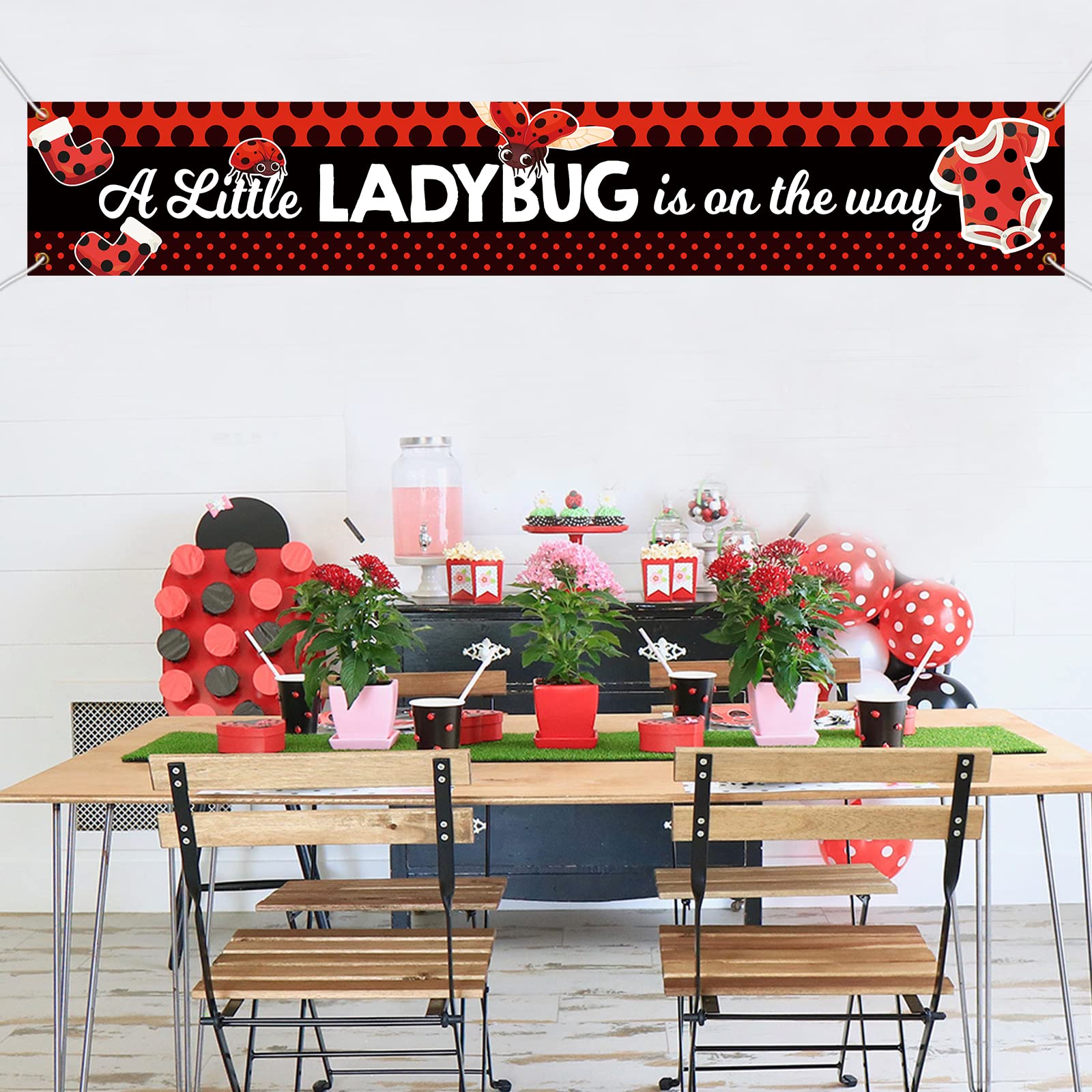 WPCTYQ Red Ladybug Baby Shower Banner - 9.8 X 1.6 Feet Large Welcome Banner For Girls, Ladybug Theme Party Decor