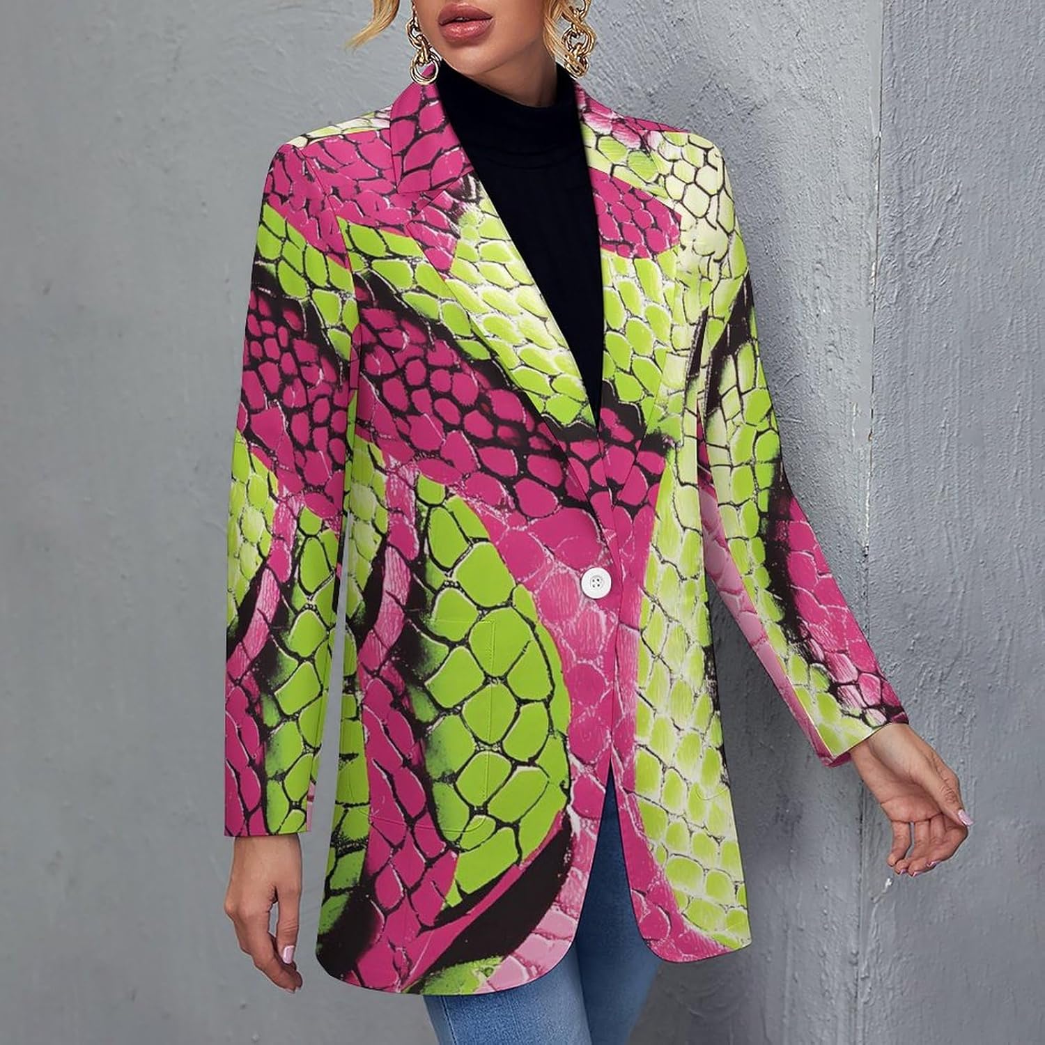 Abstract Snakeskin Snake Skin Pattern Casual Blazers for Women Long Sleeve Button Suit Jacket Lightweight Business Coat