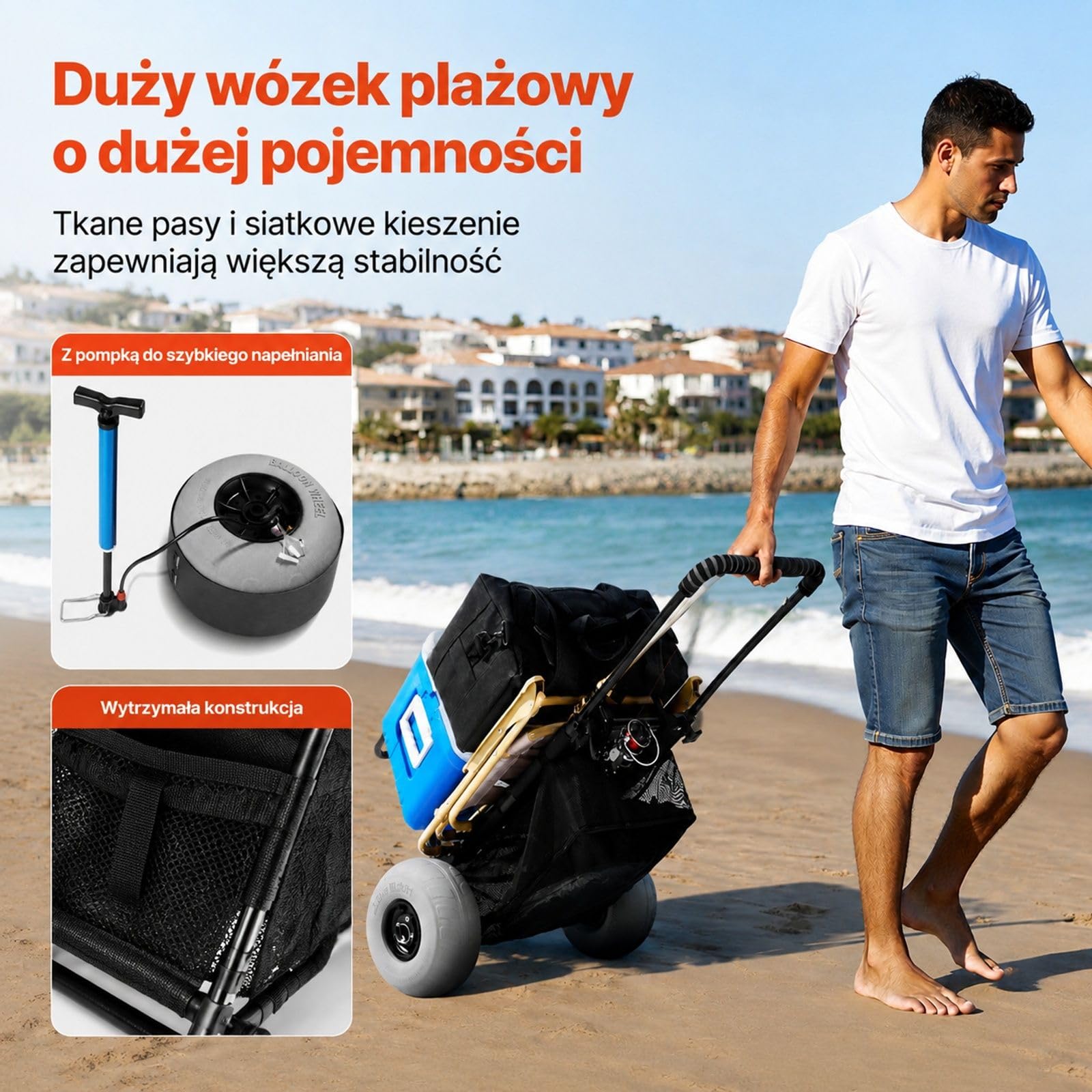 Składany stalowy wózek plażowy z dużymi kołami do piasku, siatkową torbą i akcesoriami do transportu na plaży