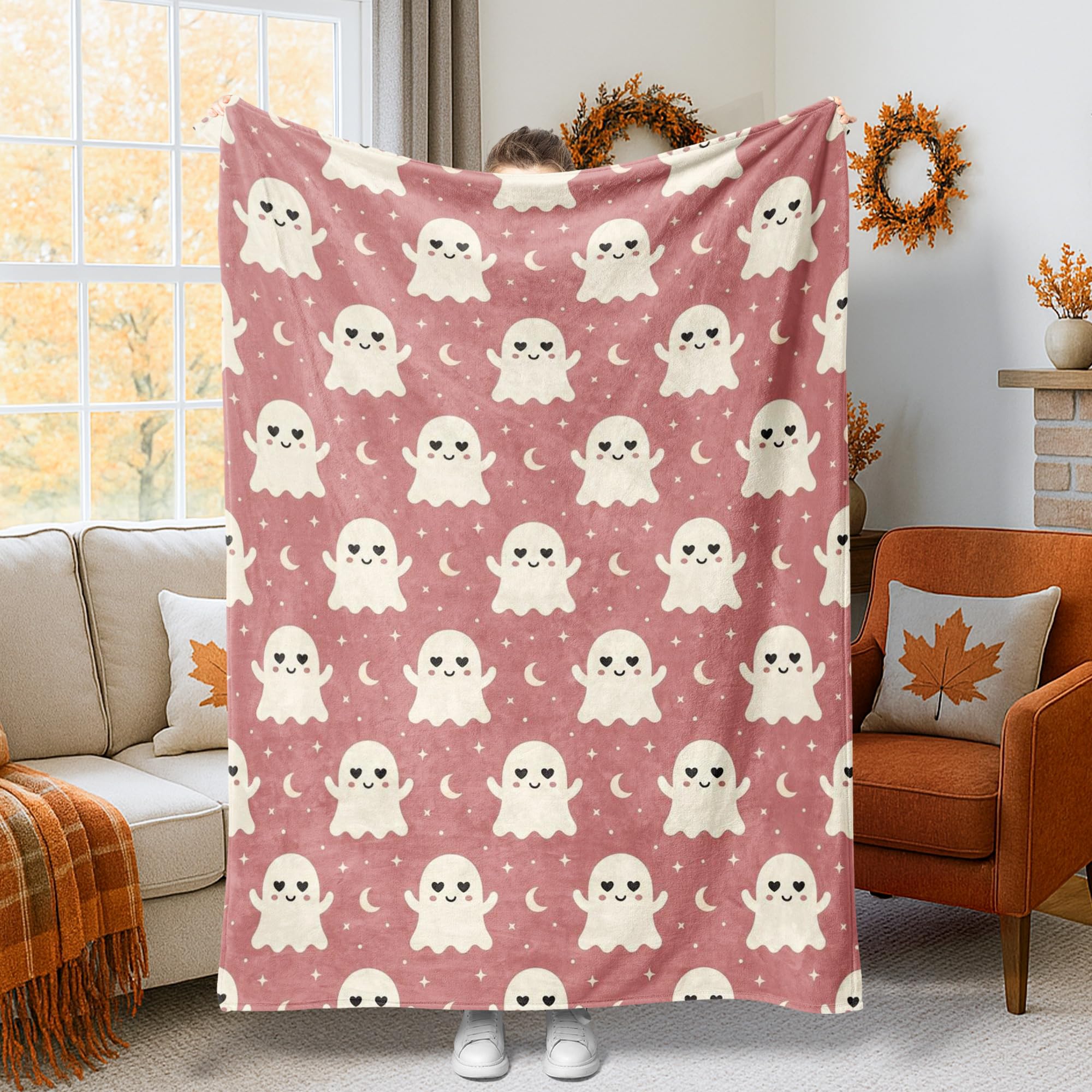 Plaid lit et canapé motif fantôme couverture polaire douce pour décoration Halloween et bureau