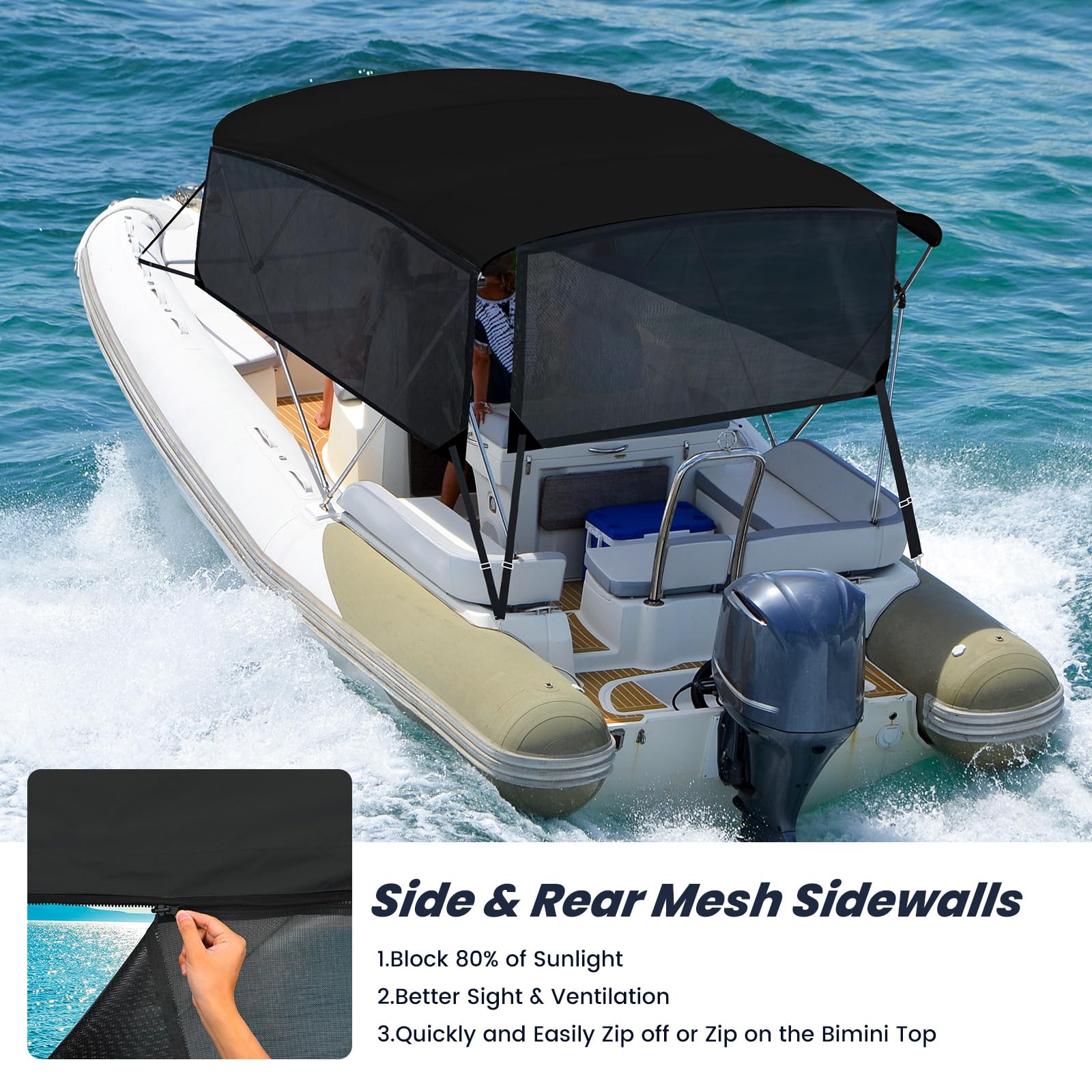 Condition photo showing New/Like New for kakit 3 4 bow bimini tops for boats with 3 mesh sidewalls rear support poles boat canopy includes straps storage boot, dark gray