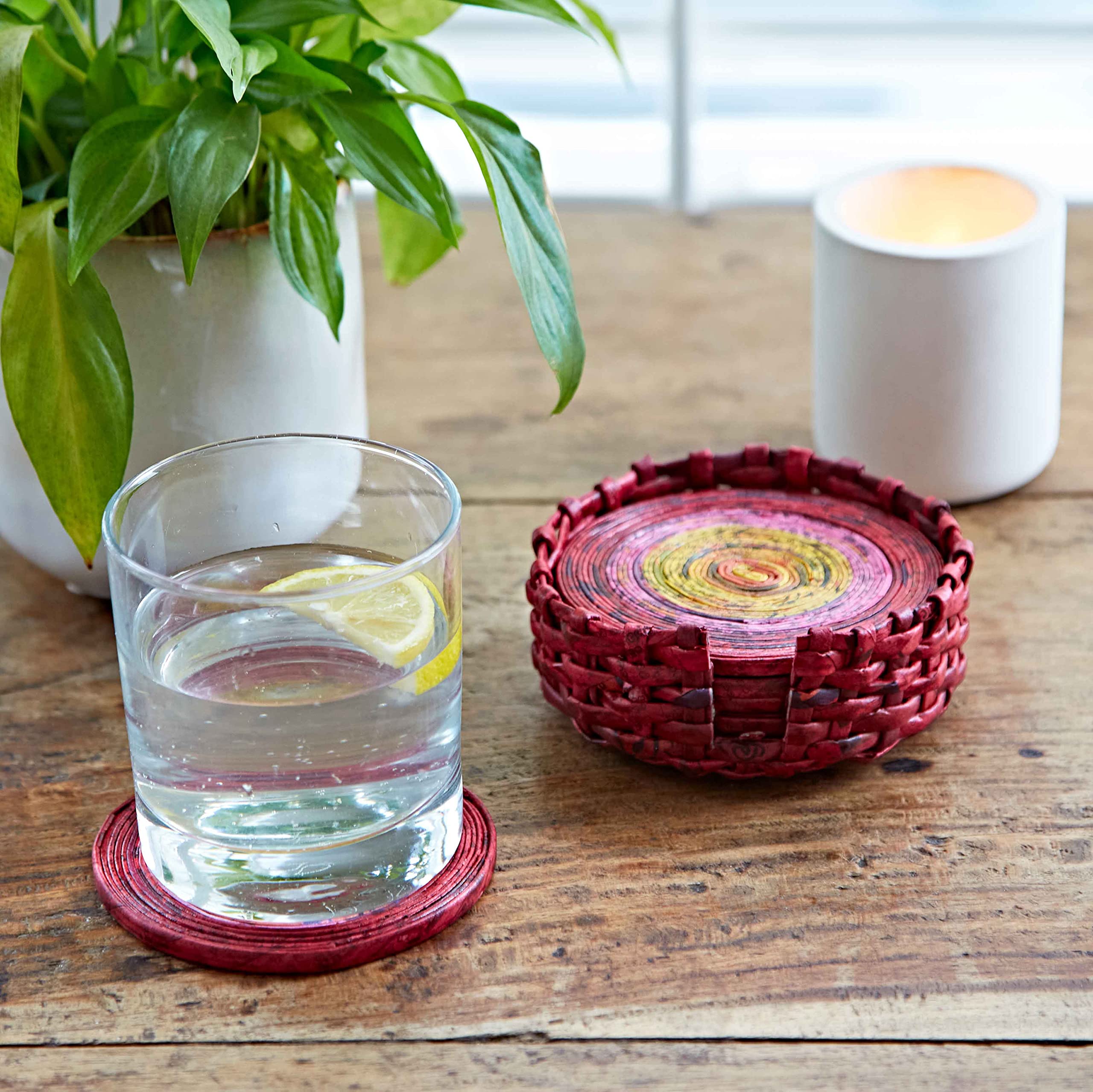 Recycled Newspaper Set of 6 Coasters - Red/Pink/Yellow | Sustainable Drink Coaster | Handmade Colourful Coaster | Fair Trade Gifts for Men and Women