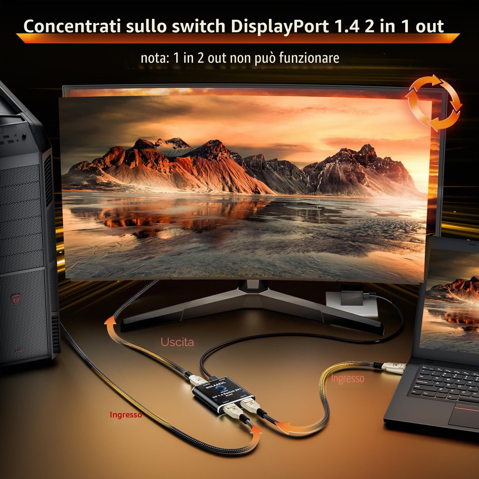 Switch DisplayPort 8K a 2 porte, BolAAzuL DisplayPort 1.4 Switcher 2 in 1 Out, Switch Box DP unidirezionale - Solo 2 ingressi 1 uscita - 8K@60Hz, 4K@120Hz, 2K@144Hz per Monitor Laptop
