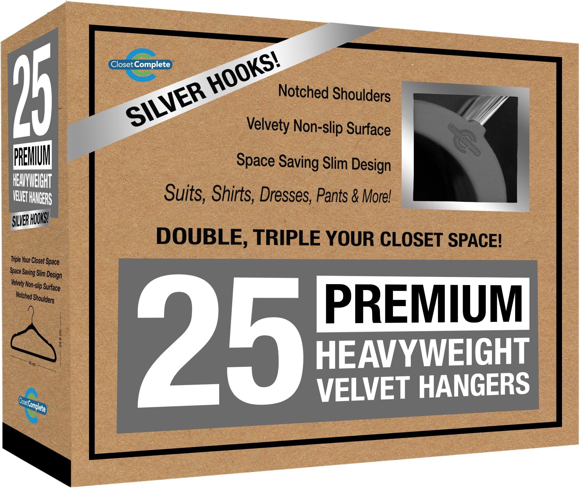 Closet Complete Premium Quality, True-Heavyweight, 80-gram, Virtually-UNBREAKABLE Velvet Hangers, Ultra-Thin, Best for SUIT, Dress, Pants, Shirt, 360° Spin, CHROME Hooks, Heather Grey, Set of 25