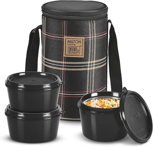 MILTON Lofty Lunch Box with Insulated Fabric Bag, Microwave Safe &amp; Leak Proof, 3 Inner Steel Containers with BPA Free Lids...