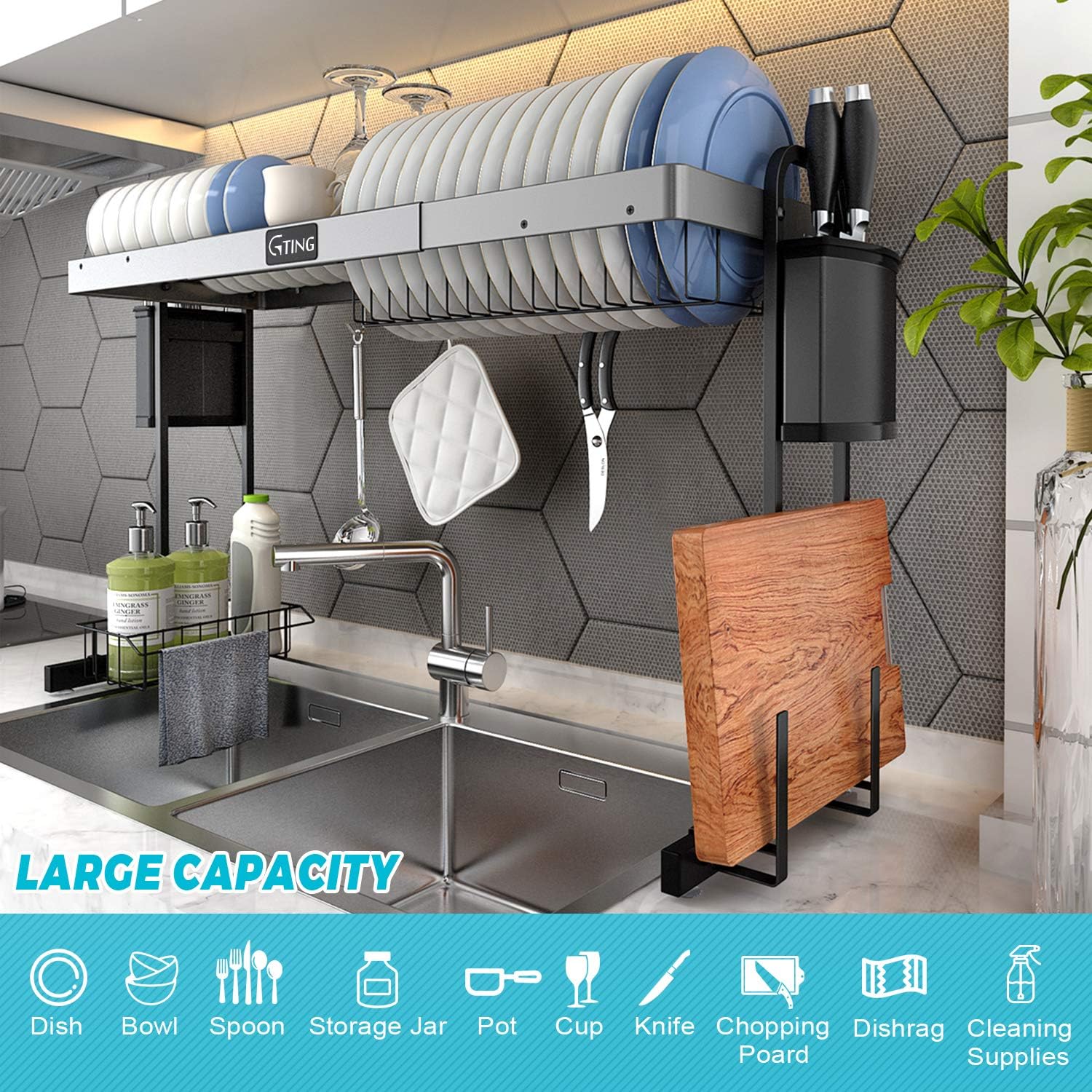 Rеvіеw Prоduсt Over the Sink Dish Drying Rack, G-TING Expandable Dish Drying Rack 27.5”- 33.5”, Large Dish Drainer Shelf with Utensil Holder, Over Sink Kitchen Stainless Steel Storage Rack Space Saver Display Stand