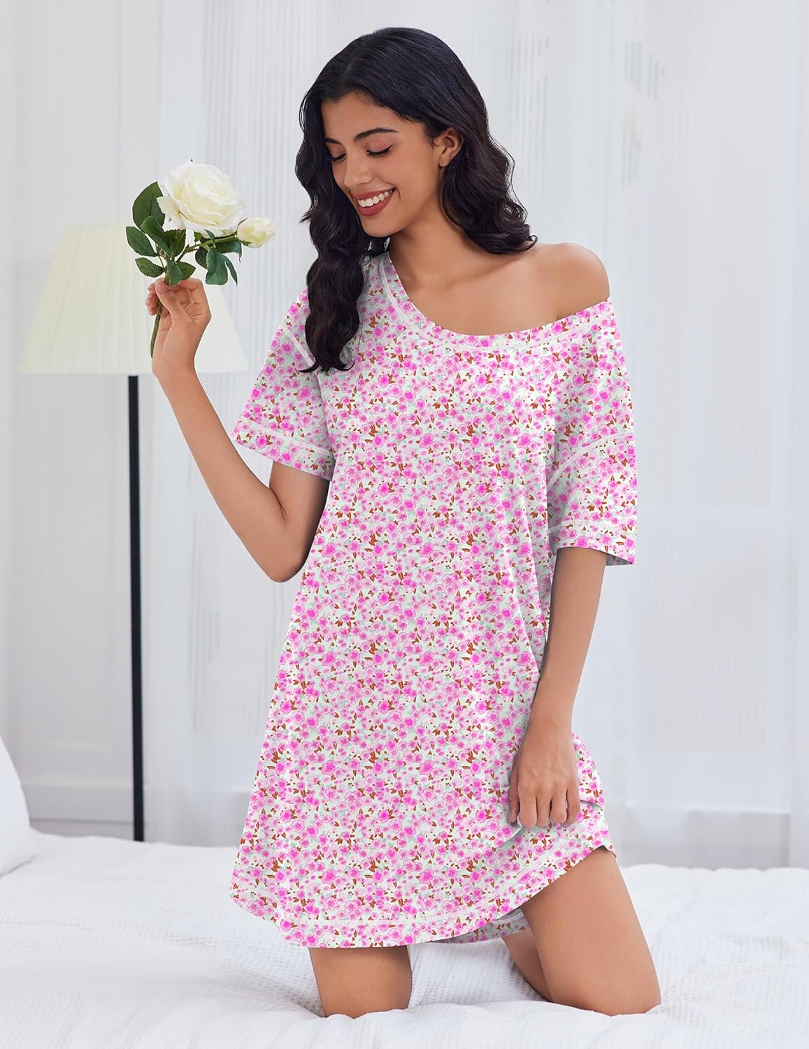 Ekouaer Cotton Nightgowns for Women Oversized Sleepshirt Tshirt Night Gown Short Sleeve Night Shirt Casual Soft Sleepwear Pink Floral Medium - Image 2