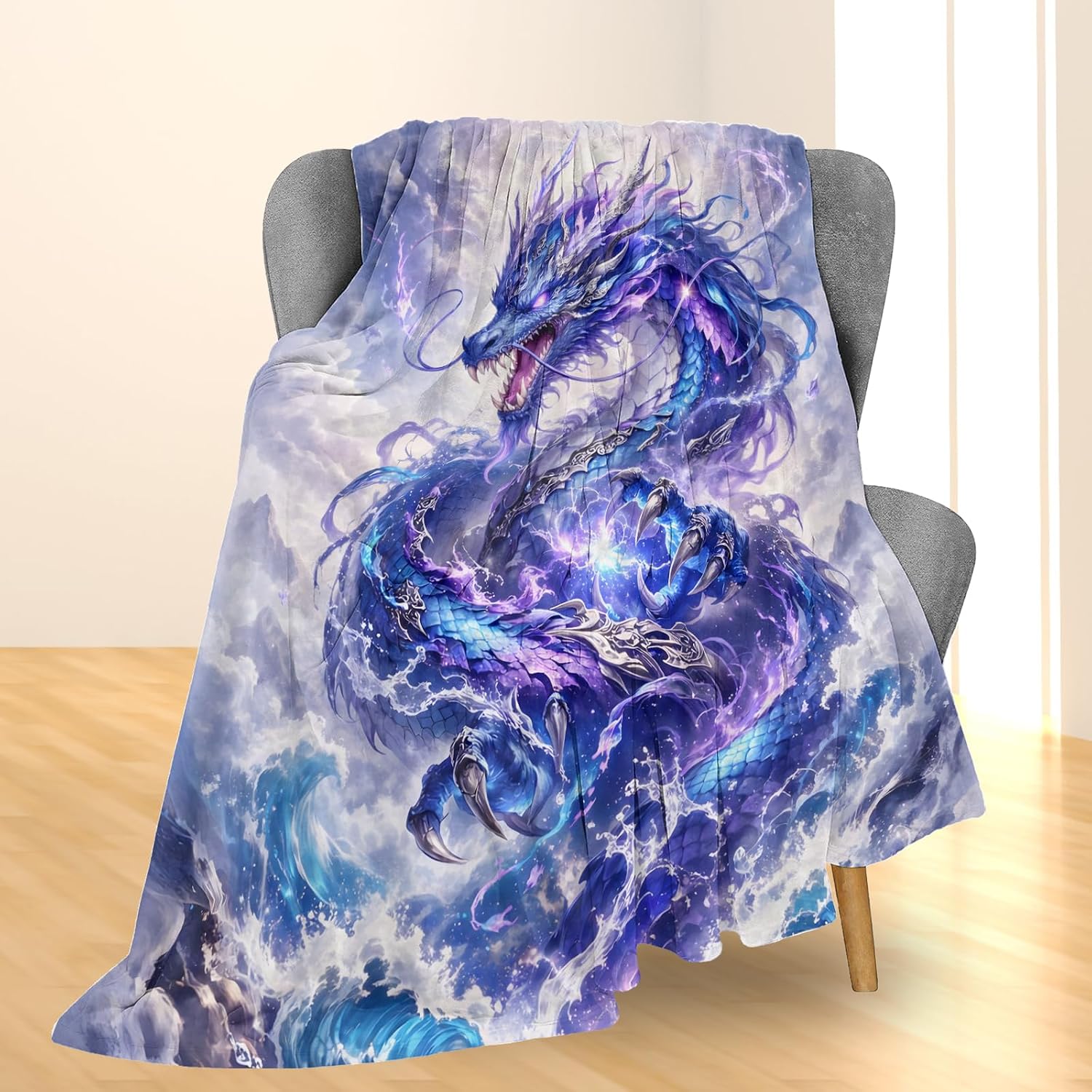 Fantasy Dragon Blanket Gifts, Ocean Waves and Lightning Flannel Throw Blanket for Couch, Bed, Travel & Decor, Cozy Lightweight Warm Blankets for Women Men Boys Teens 60×50 in