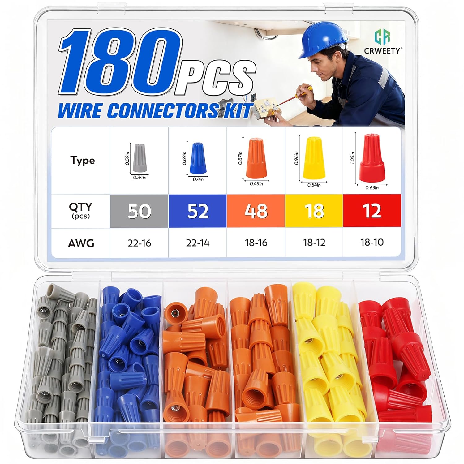 180 PCS Wire Connectors Nuts, Electrical Wire Caps Small Wire Assortment Nuts Kit, Assorted Electric Cap for Wiring, Twist-On Wire Screw Connector for Home, DIY Projects & Commercial Use
