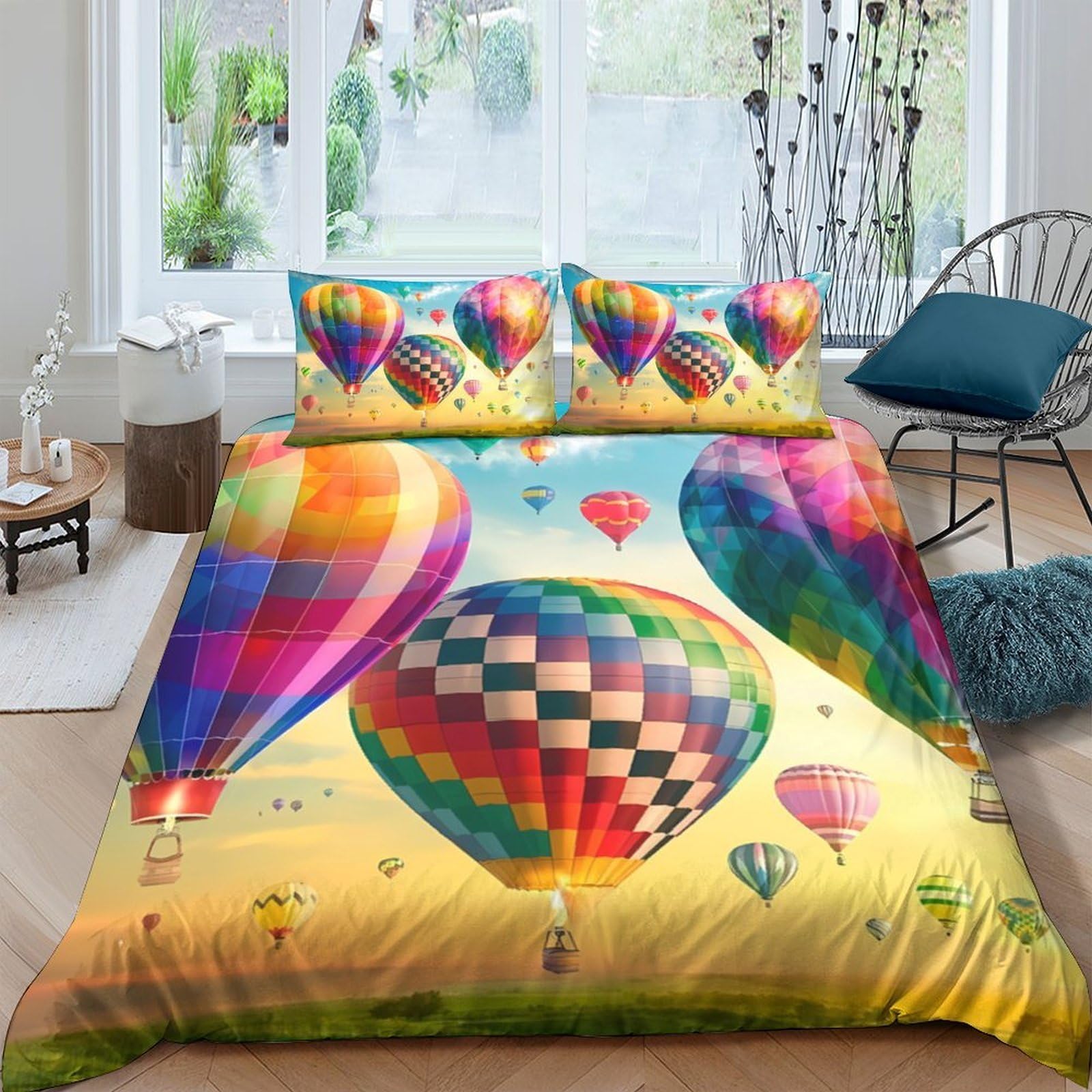 Ctjqhvkz Style-9 3D Printed Hot Air Balloon Fitted Sheet Microfiber Colourful Sky Mattress Cover Bedroom Dorm Decor Washable Single（135X200cm）