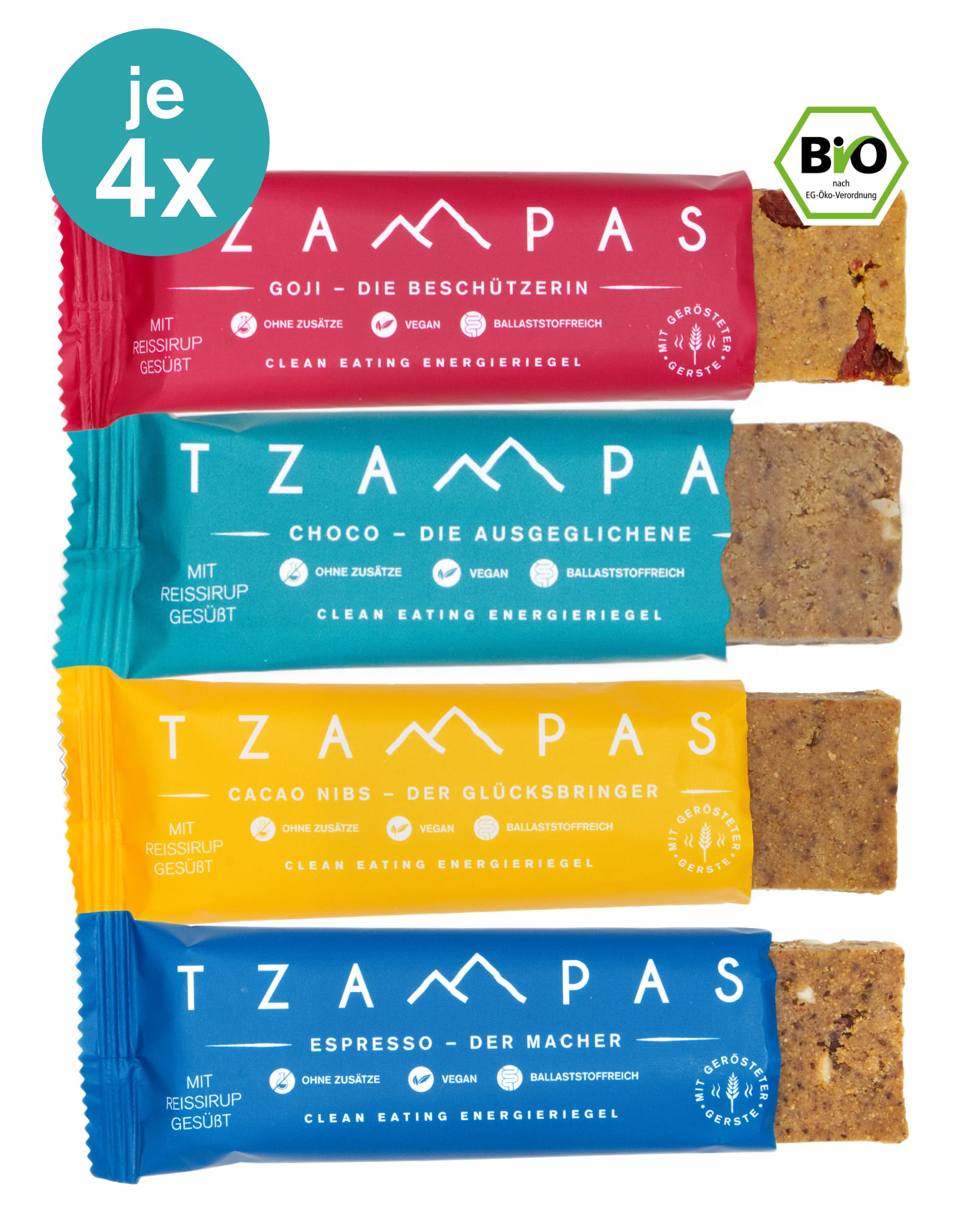 Energieriegel BIO von TZAMPAS® - 16x40g Riegel - 4 Sorten nachhaltige Sportriegel mit Superfoods für langfristige Energie - Vegan/Ohne Zusatz von raffiniertem Zucker