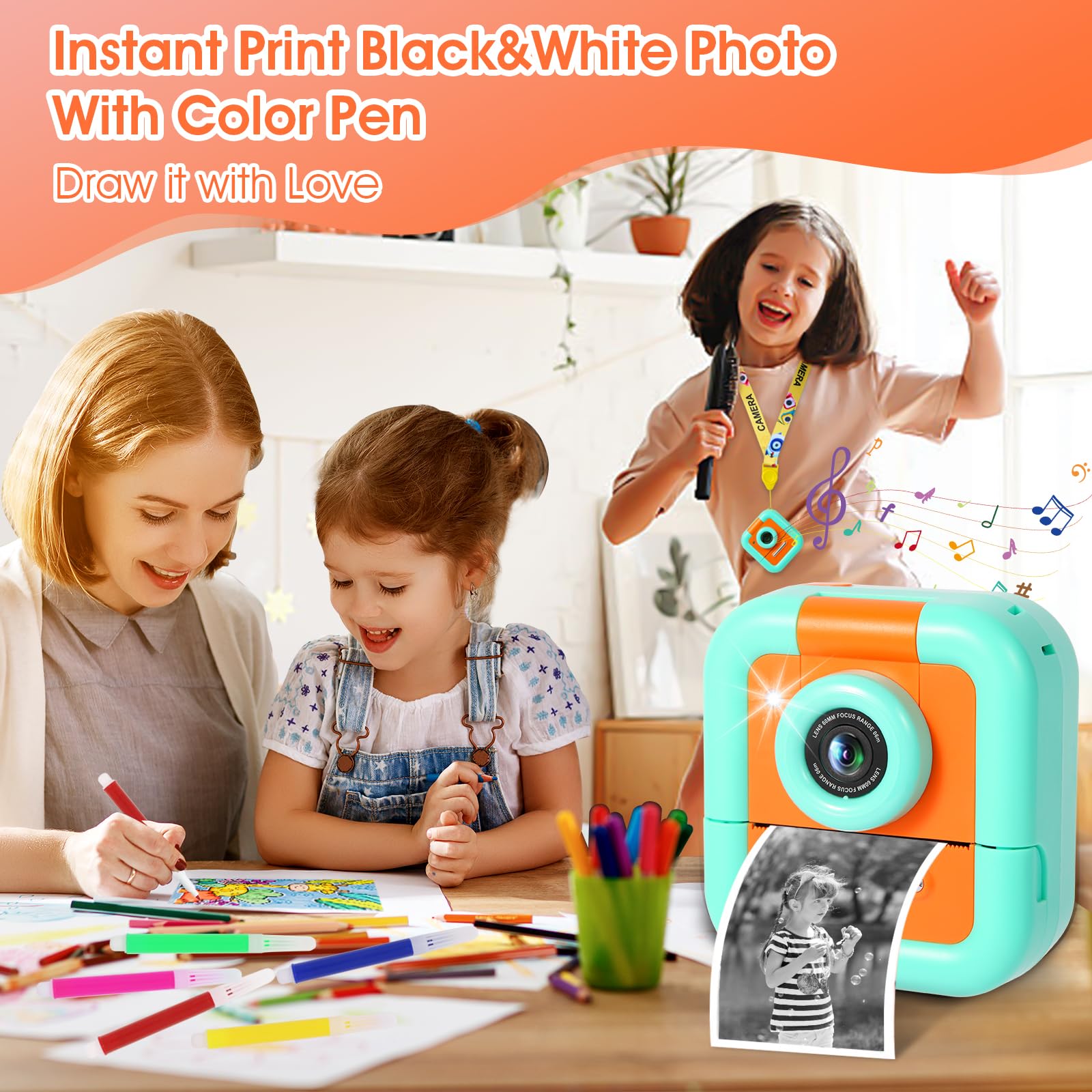 Macchina Fotografica Bambini Istantanea, ZUEOKAI 2,4" Fotocamera Istantanea Bambini con 180° Flip Obiettivo e 3 Stampa Carta, Fotocamera bambini con 32GB, Regalo Bambina Bambino 3 4 5 6 7 8 9 10 anni