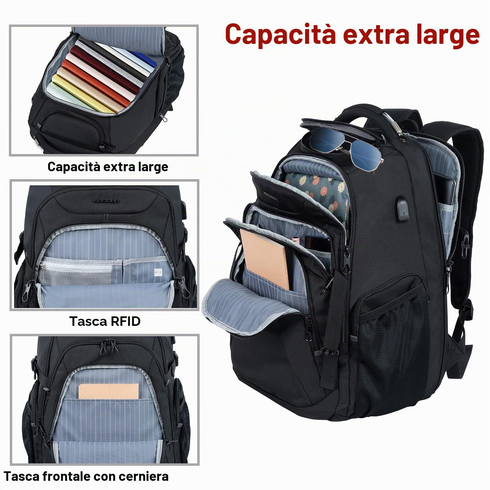 KROSER Zaino Business Porta Pc Zaino Per Laptop da 17,3 Pollici XL Zaino per Computer con Tasche RFID Saferoom con Guscio duro Daypack Idrorepellente Scuola Borsa per Laptop Viaggio/Uomo/Donna-Nero