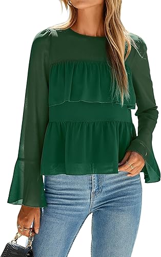 BerryGo Women's Ruffle Peplum Blouse - Dressy Casual Chiffon Tiered Top with Bell Sleeves Elegant Flowy Shirt for Work 2026 Dark Green L