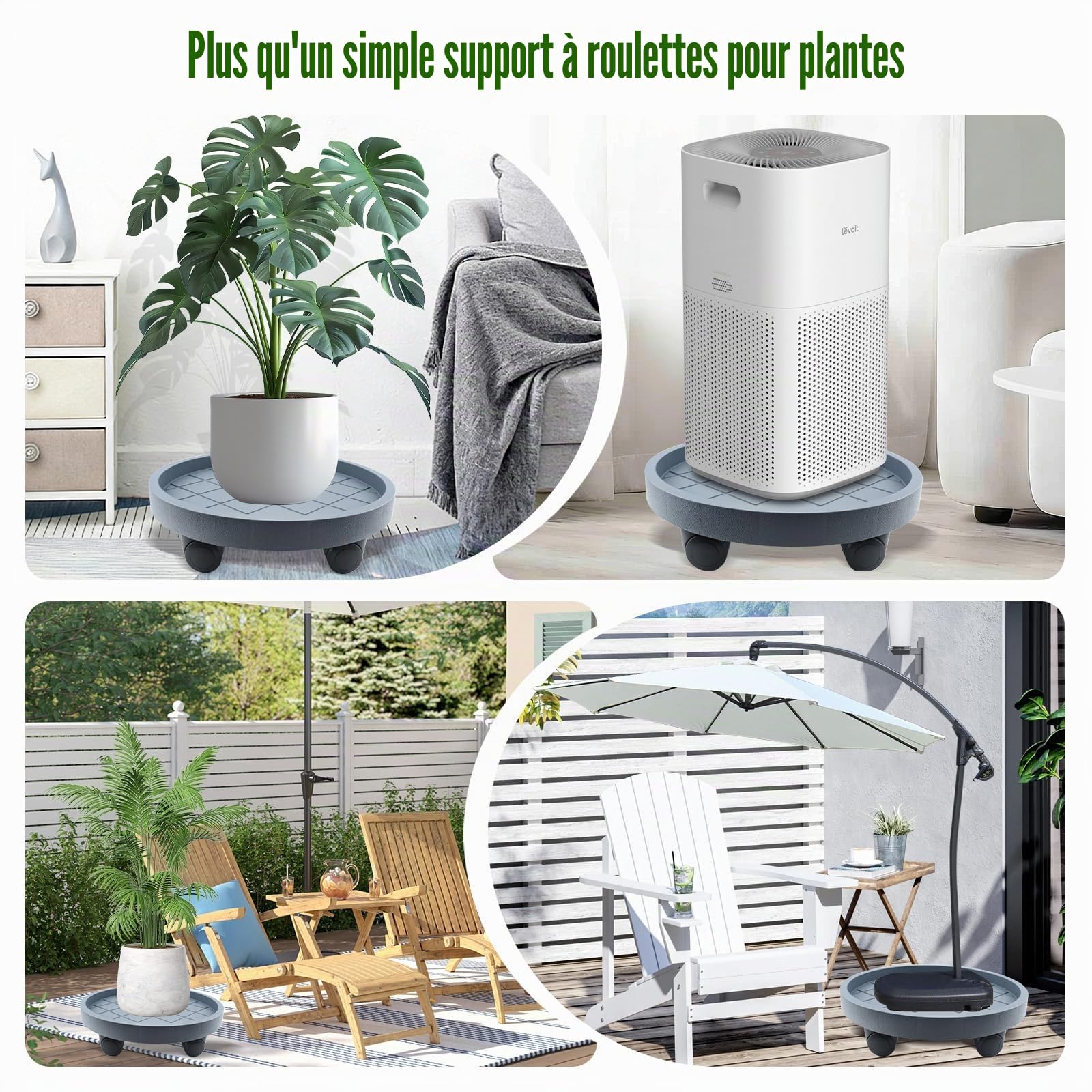 K KASONIC Plateau Roulant 40cm avec 4 Roues, Capacité 100kg, Pack de 2 Plateaux pour Déplacer Pots de Fleurs d'Intérieur et d'Extérieur, Inclut 5m de Liants Végétaux Déchirables