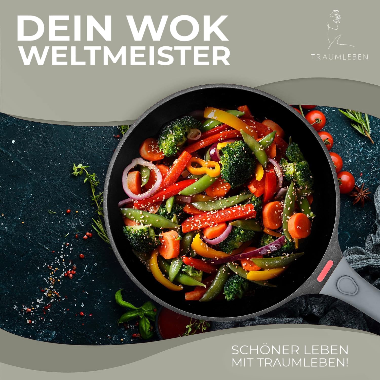 TRAUMLEBEN Wokpfanne 28 cm mit Deckel & abnehmbarem Griff (Grau) | Antihaftbeschichtung, PFOA-frei, für Induktion geeignet, backofenfest, hoher Rand
