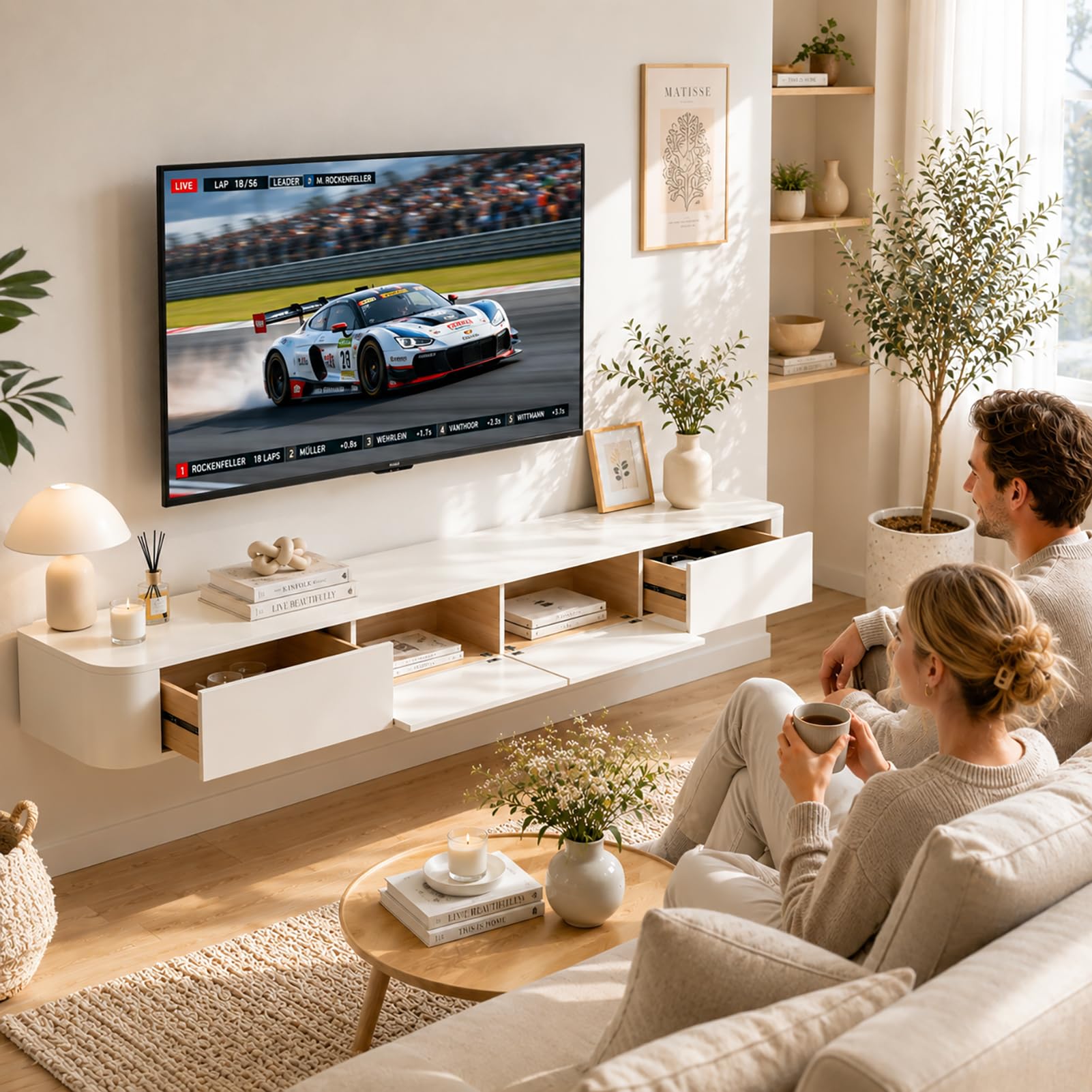 Szafka TV 240 cm, biała, z 2 szufladami i 2 klapkami, szafka pod telewizor, montowana na ścianie, konsola medialna z kanałami kablowymi, w pełni zmontowana