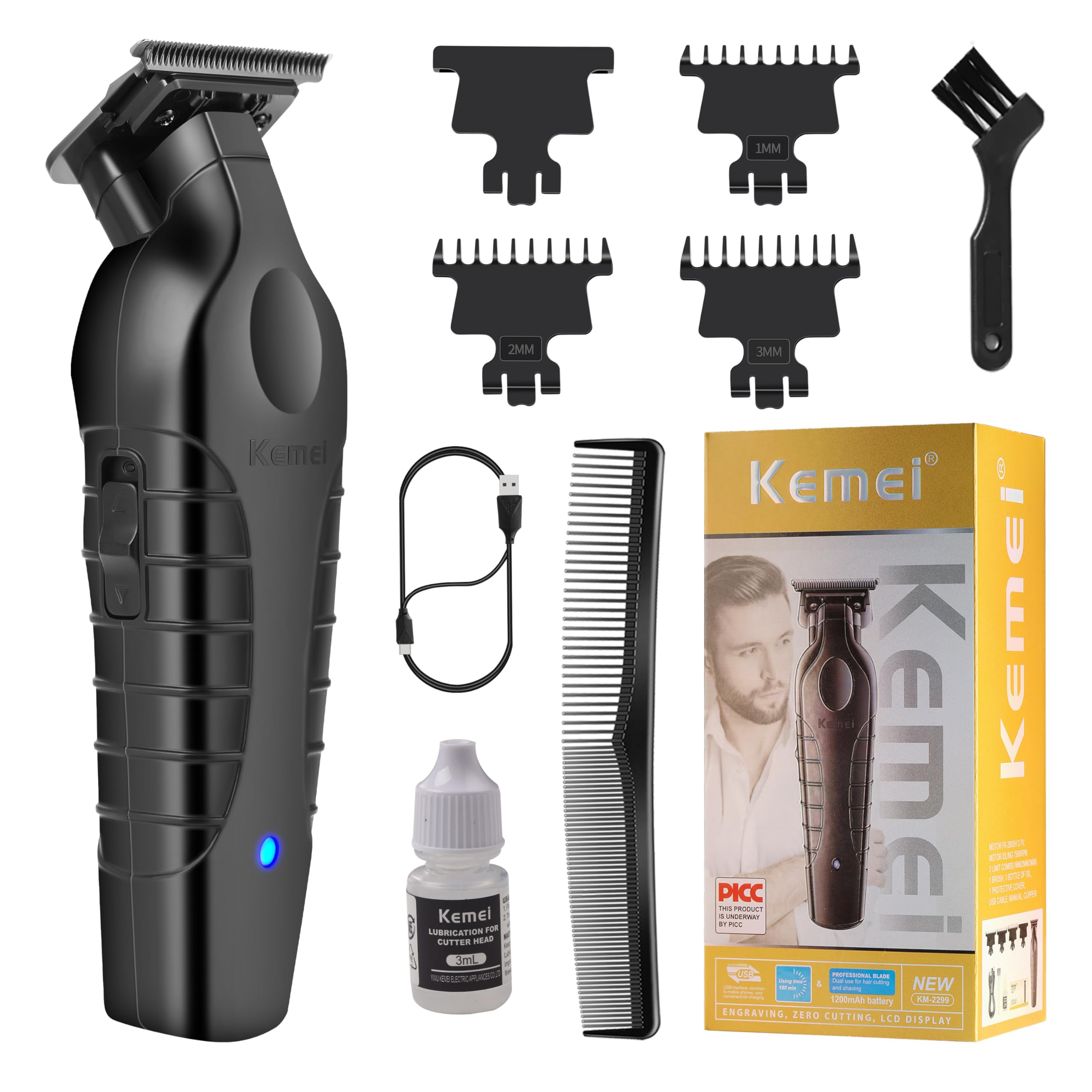Kemei 2299 Professional Hair/Beard Trimmer for Men Zero Gapped Hair Clippers for Barber with T Blade, Cordless Rechargeable