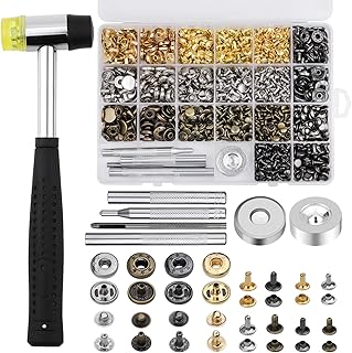 Yizzvb 320 Pcs Leather Rivets Kit, 60 Pcs Leather Snap Fasteners, 2 Size Double Cap Rivets Tubular, Double-Sided Nylon Hammer Fixing Tool Kit, Installation Tools for DIY Projects, Shoes and Repair
