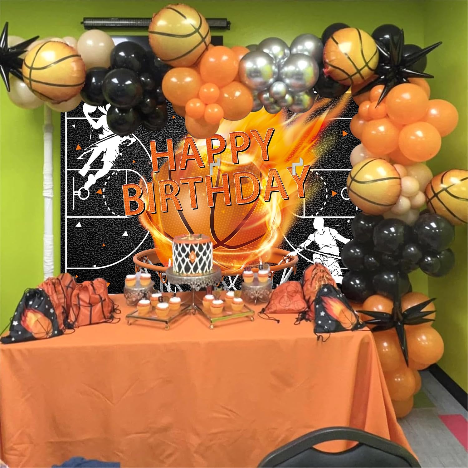 Basketball Happy Birthday Backdrop Sport Theme Basketball Court Photography Background for Boys Teen Birthday Party Decorations Cake Table Supplies (82x59 inch (7x5FT)) - Image 3