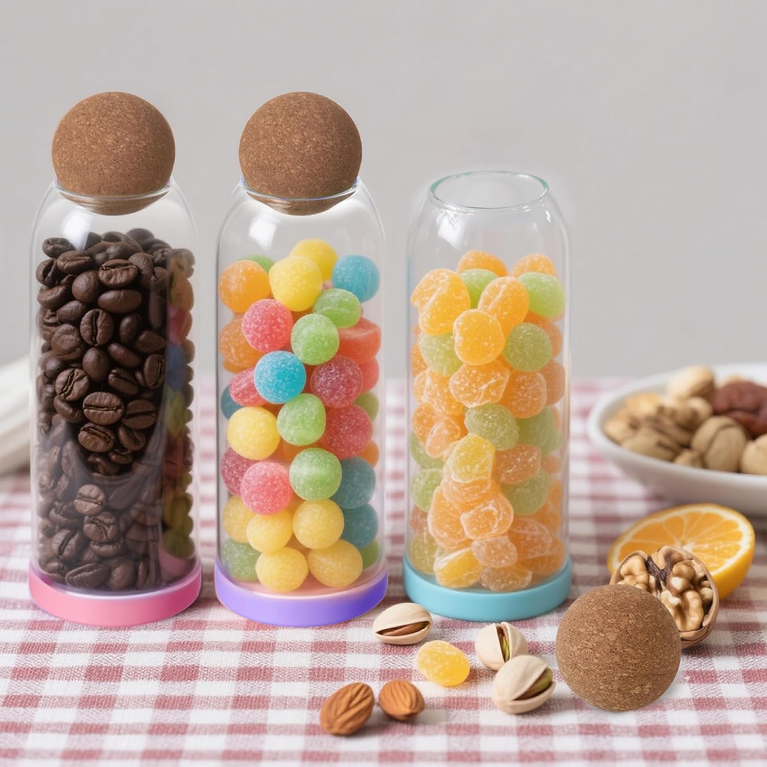 4pcs 43oz/1250ML Glass Storage Container with Ball Cork Glass Jars with Cork Lids Glass Food Storage Containers with Ball Stopper Coffee Canister for Beans,Nuts,Oats,Spices,Candies,Biscuits