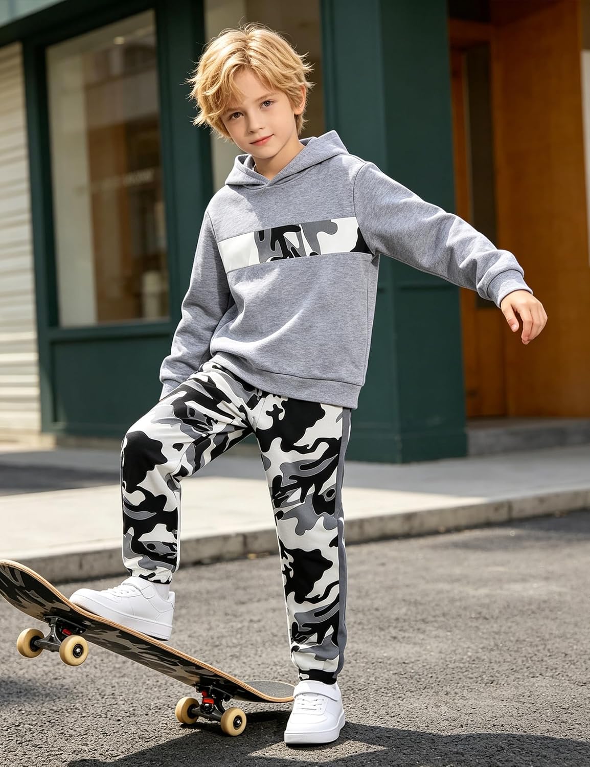 Boys Clothes Boy Outfits 2-Piece Long Sleeve Hoodie and Camouflage Pants Boys Fall Winter Clothes for 6-16 Years