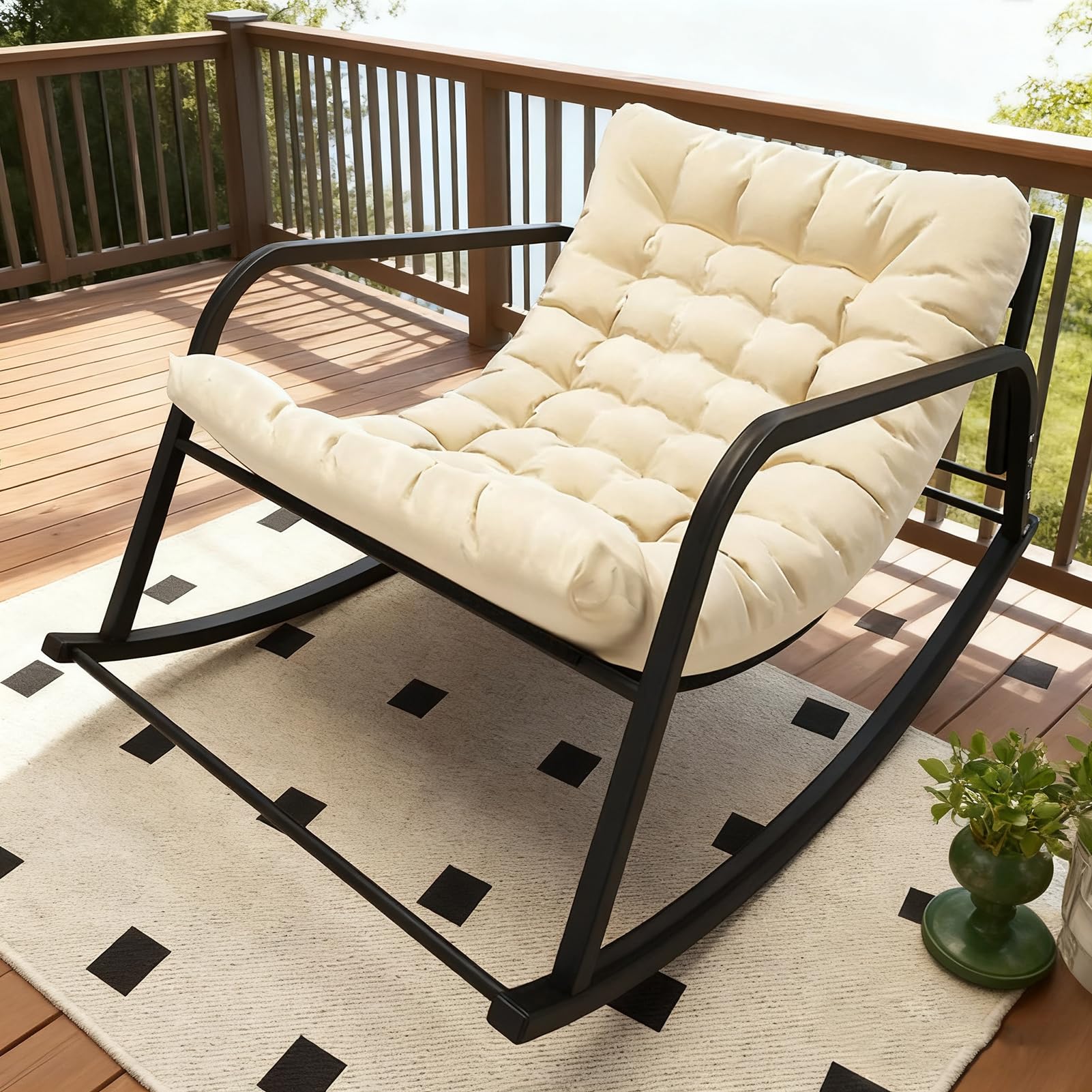 Chaise à bascule de jardin beige, fauteuil de relaxation intérieur et extérieur 250 kg