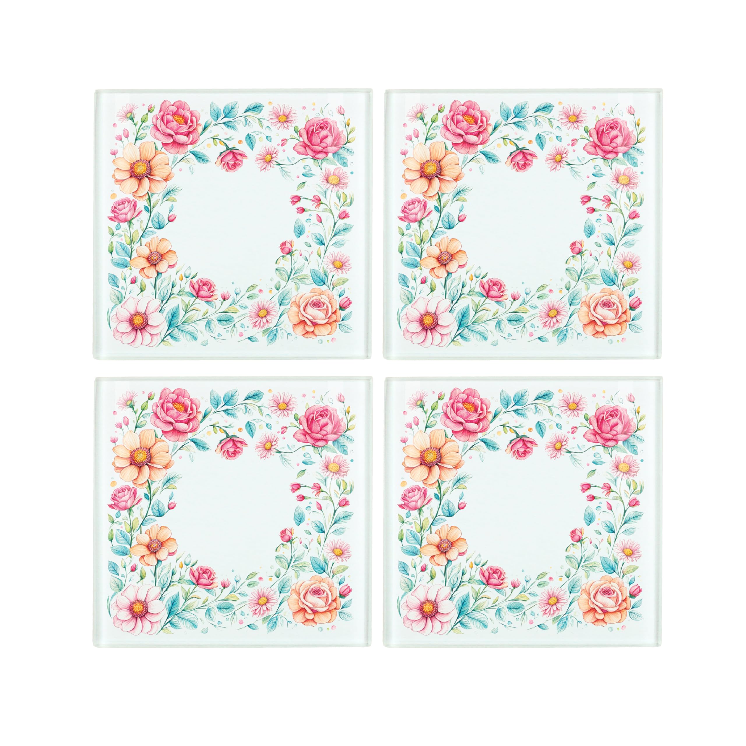 Purely Home Pink Floral Coaster Set - Square Glass & Orange Roses And Leaves - Set Of Four (4) Coasters