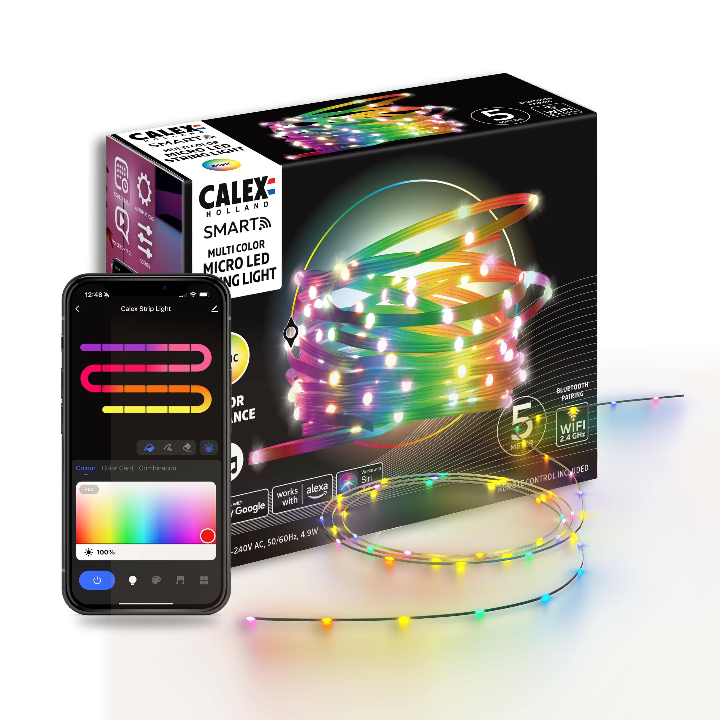 CALEX - Smart Micro Strip Light, 5M, RGBIC, 16 Million Colors, App Controllable, Music Synchronization, IP44, Smart Christmas Lighting