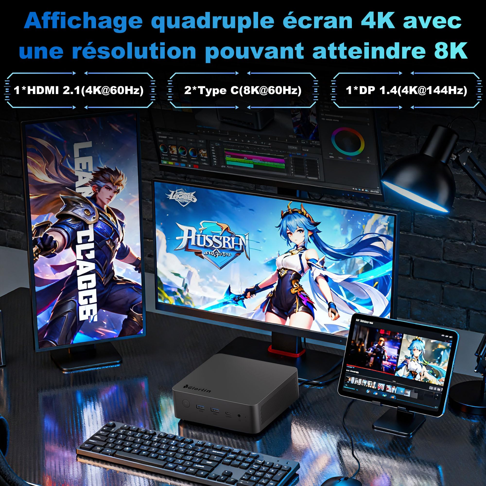 Glorlin GT105 Mini PC,AMD Ryzen 7 8745HS (8C/16T,jusqu'à 4.9Ghz),16Go DDR5 1To NVMe SSD,AMD Radeon 780M,Mini Ordinateur de Bureau W11-Pro pour Bureau/Gaming,Double 2.5G LAN,WiFi 6,BT 5.3,USB4.0