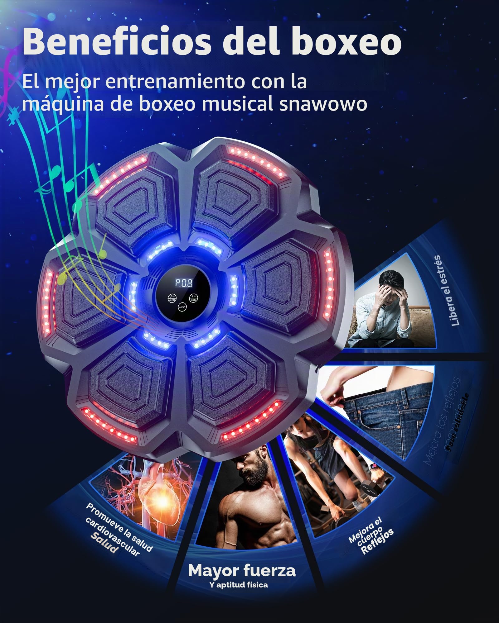 snawowo Maquina Boxeo Musical Pared - 9 Modos de Velocidad Music Boxing Machine Adulto con Guantes - Boxeador de Pared Musical con Bluetooth y Recuento Inteligente y Luces al Ritmo