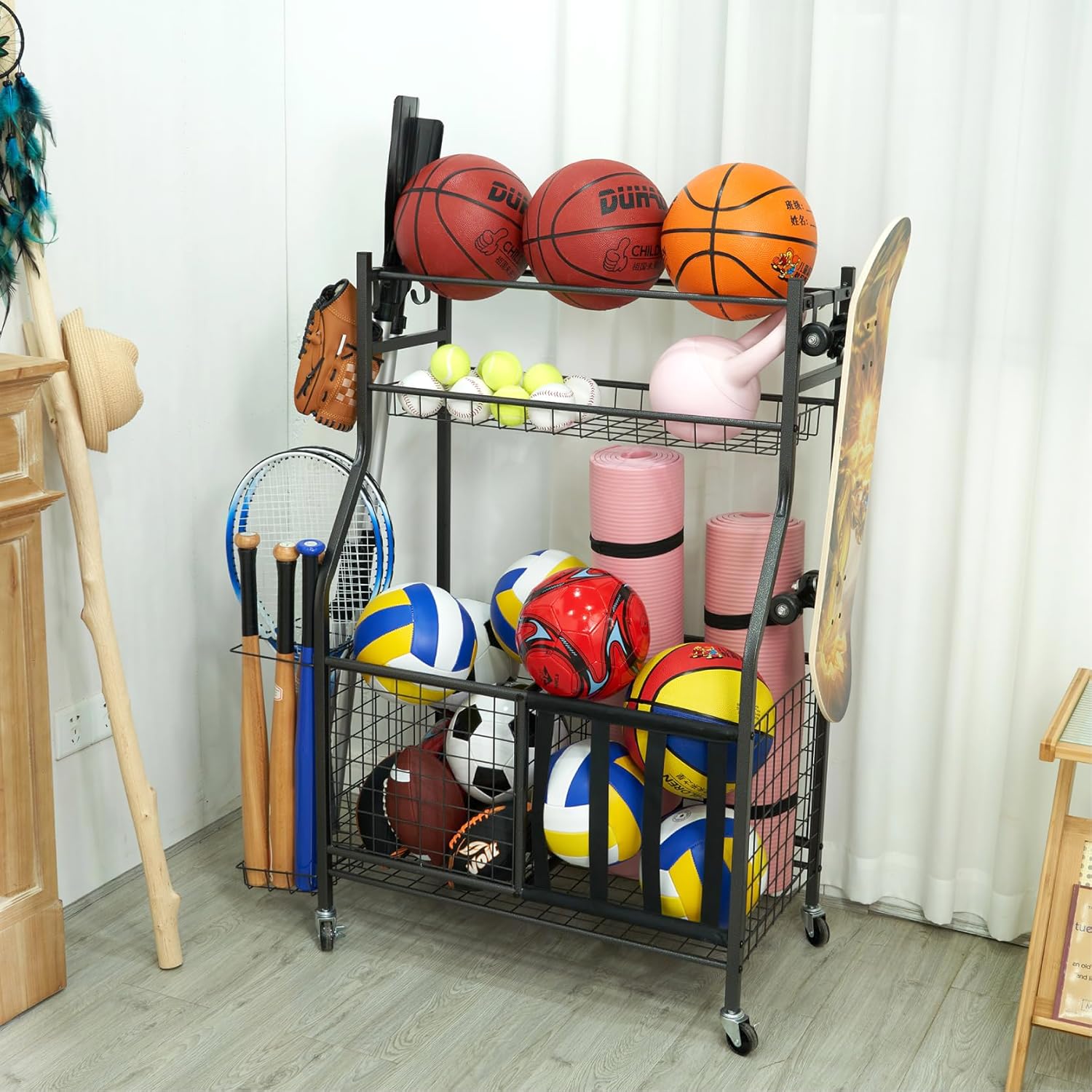 Kinghouse Sportausrüstungs-Organizer für die Garage, Ball-Aufbewahrung, Garagen-Ballaufbewahrung, Sportausrüstung, Garagen-Organizer mit Körben und Haken, rollender Ballwagen, schwarz, Stahl