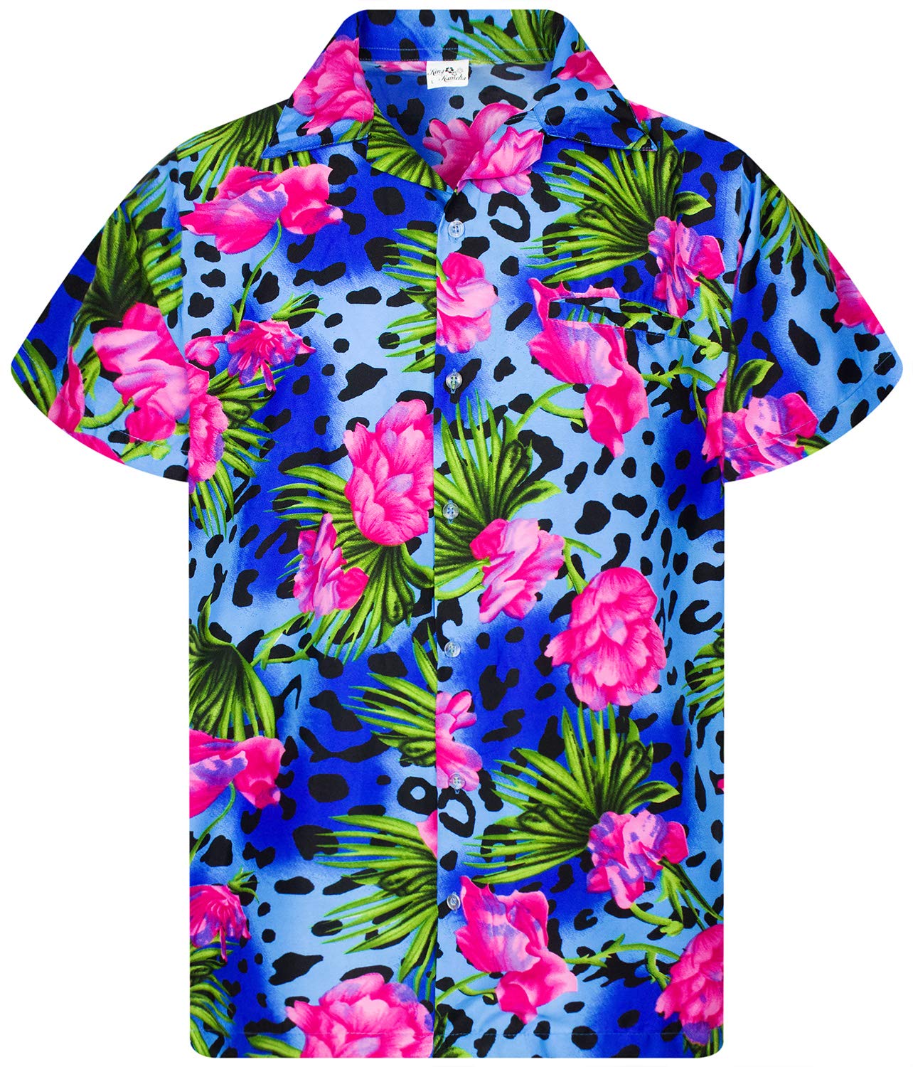 King Kameha Funky Hawaiian Shirt for Men – Tropical Men’s Hawaiian Shirt Short Sleeve, Leopard-Flowers, Blue, S