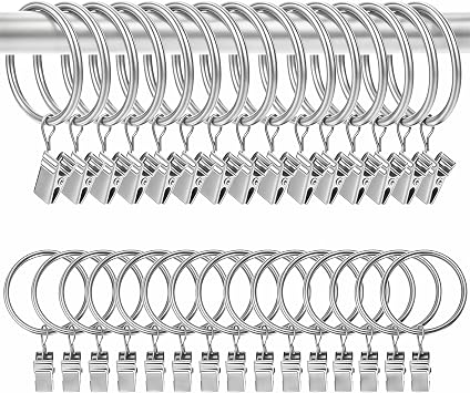 Qualsen 30 Pack Silver Metal Curtain Rings with Clips 32mm