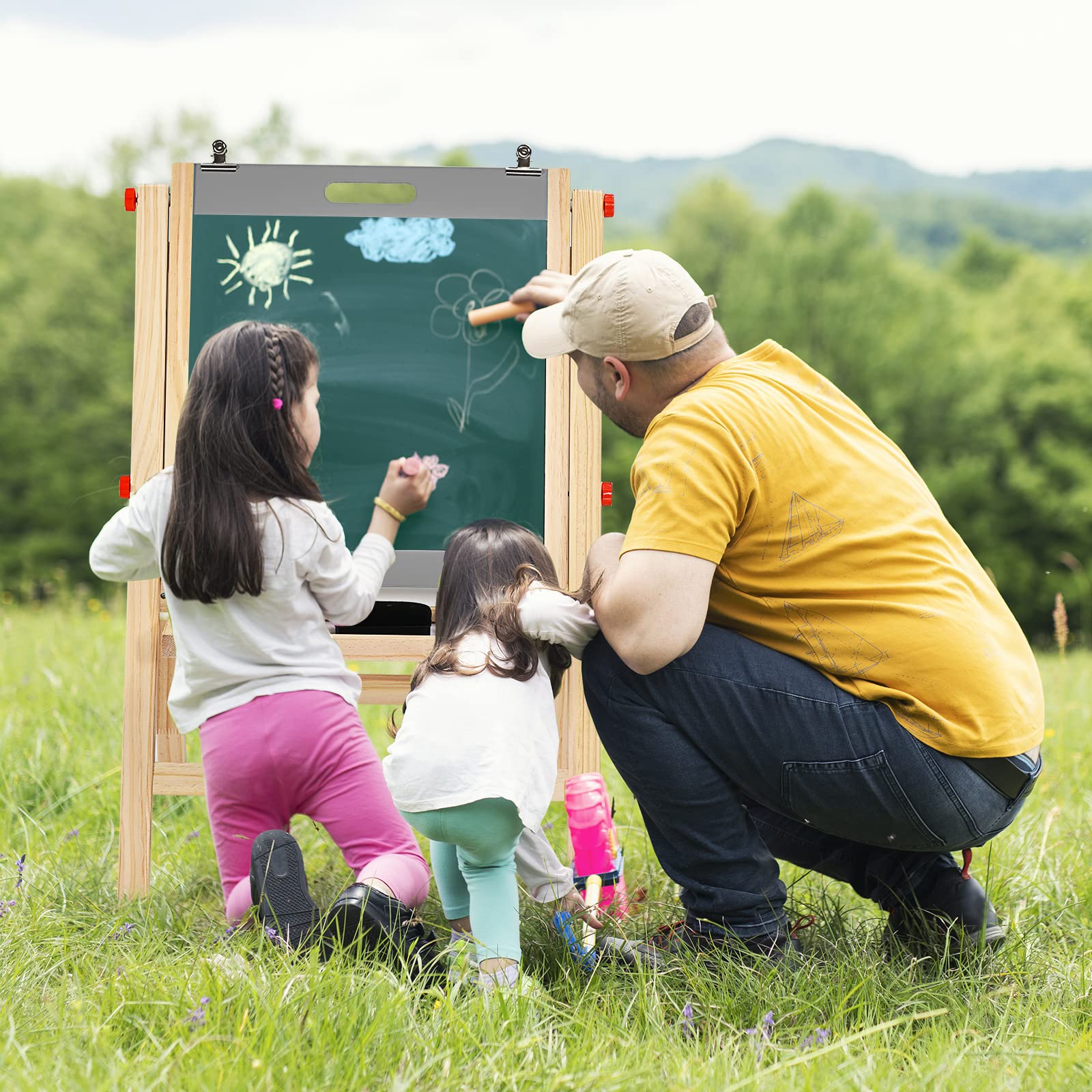 RELAX4LIFE Lavagna Bifacciale con Cavalletto per Bambini, Cavalletto Pieghevole in Legno di Pino con Altezza Regolabile, Lavagna Nera e Bianca Magnetica con Ripiano e Accessori, Cavalletto Portatile