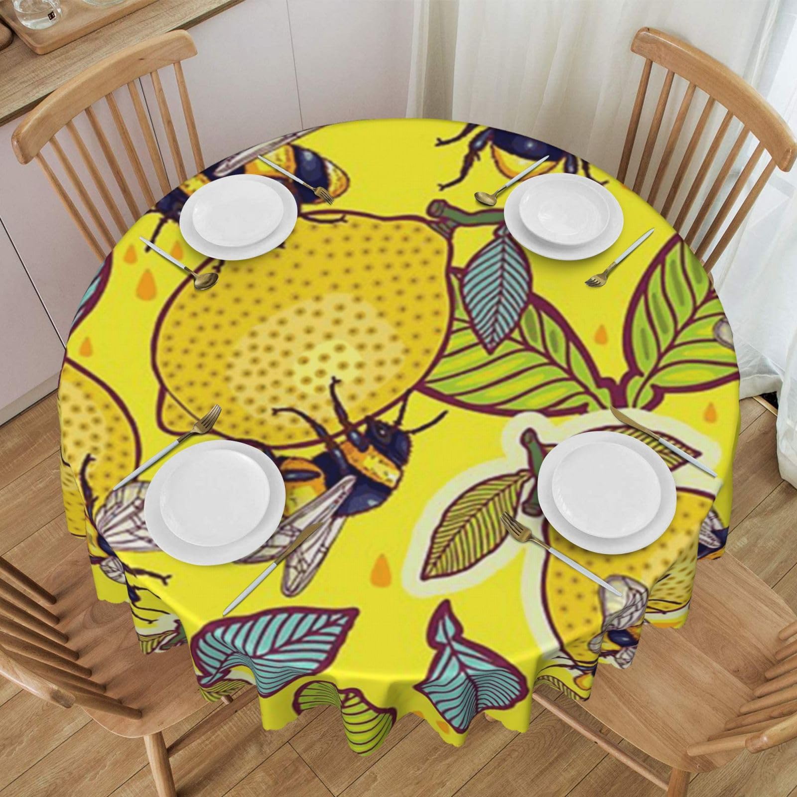 DCEHGEW 60 In Round Tablecloth with Lace, Yellow Lemon and Bee Printed Oilproof & Washable Fabric Picnic Table Cloth Table Covers