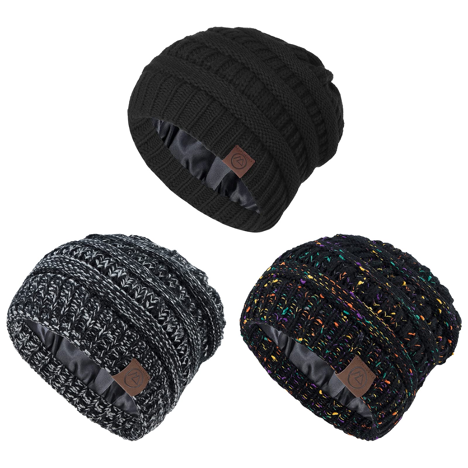 Gorros de invierno con forro de satén para mujer, gorro de invierno con forro de seda, gorro holgado para invierno, gorro de punto cálido con puños, Y negro y negro mezcla y negro gris mezcla, Talla