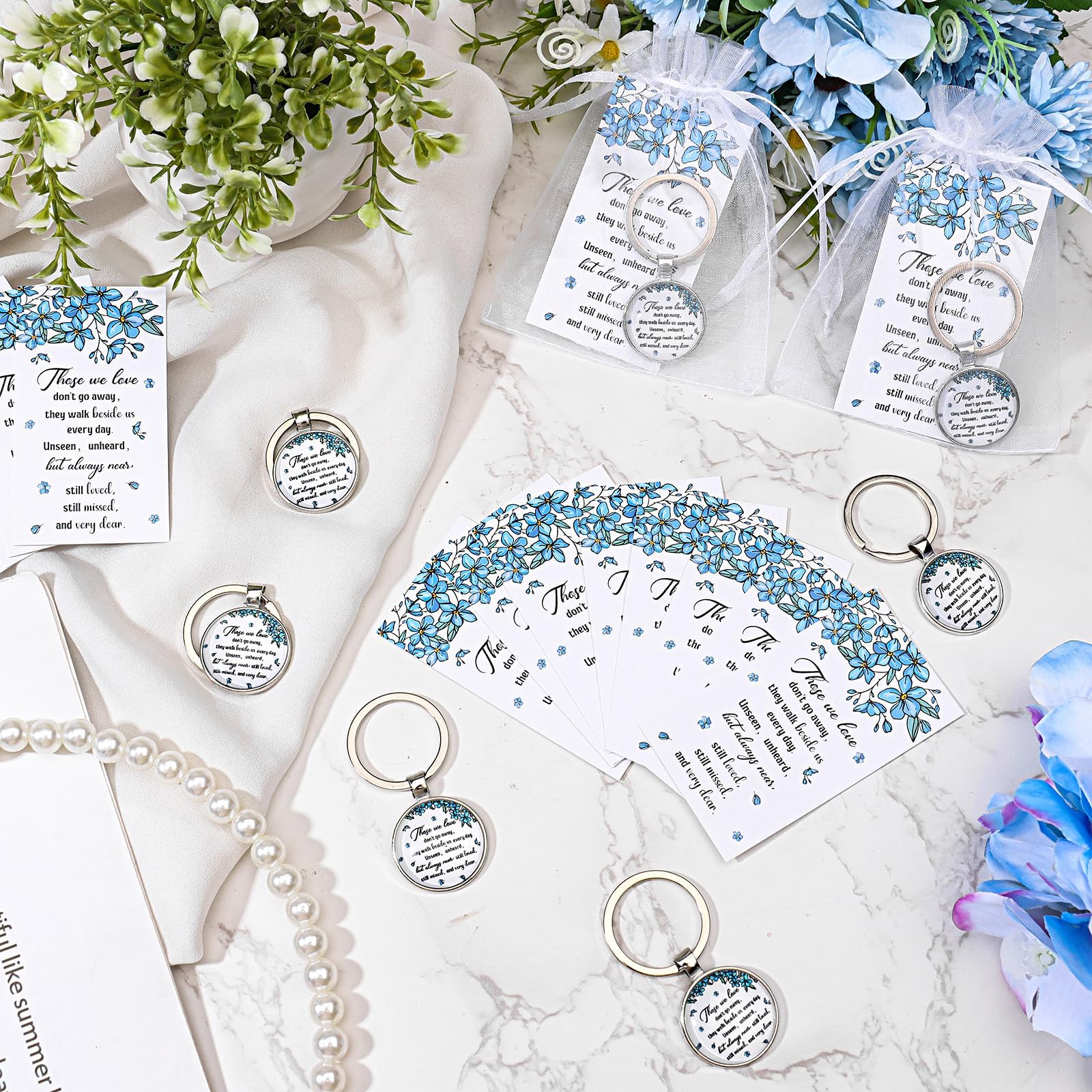 CNSJ Forget Me Not Memorial Keychain Funeral Favors with Flower Key Ring Bulk Remembrance Cards Organza Bags for Loss of Loved One Memorial Service Guests Keepsakes (30) - Image 4
