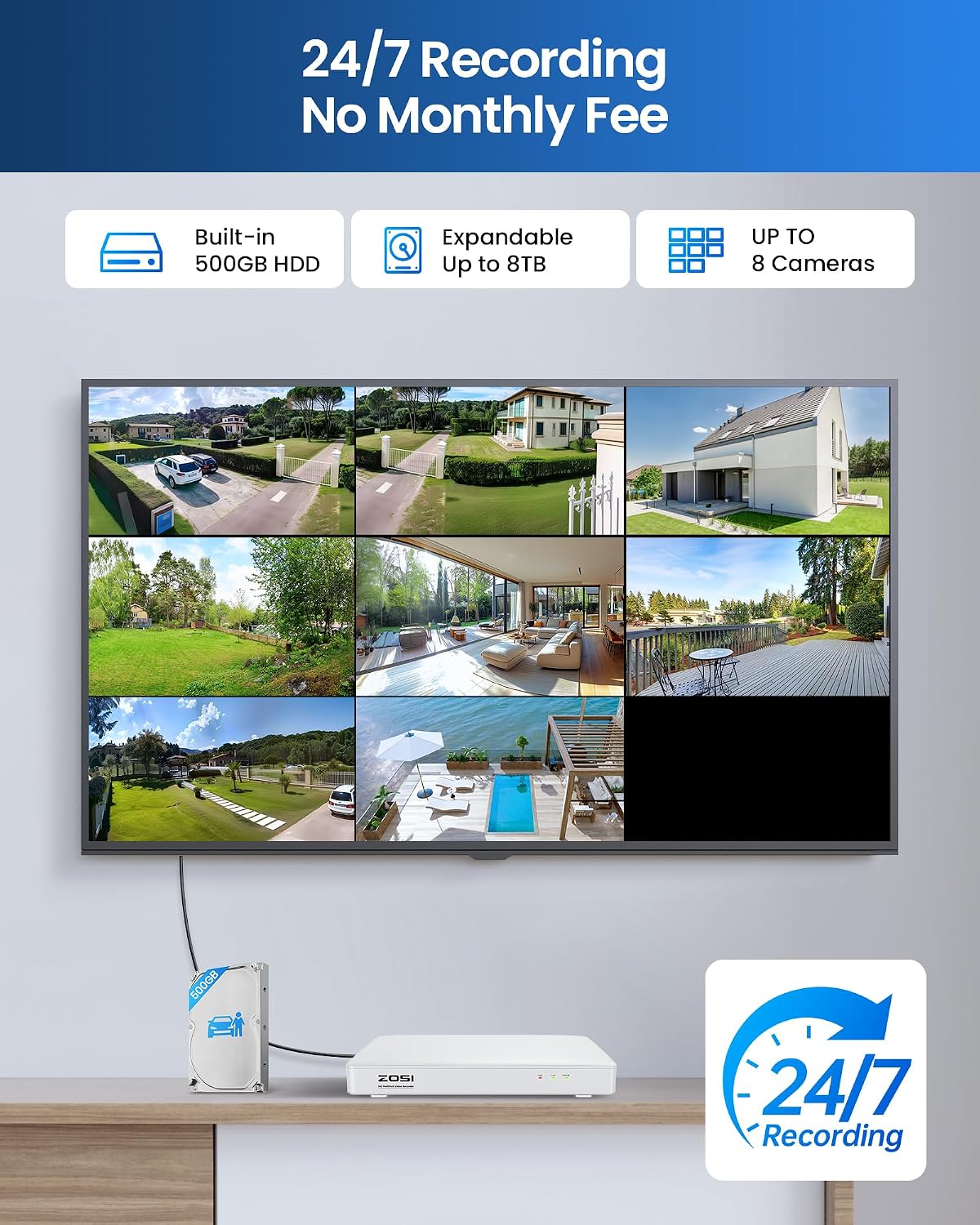 ZOSI 8CH Home Security Camera System with Audio, 4pcs 1080p Cam, 500GB HDD image 5