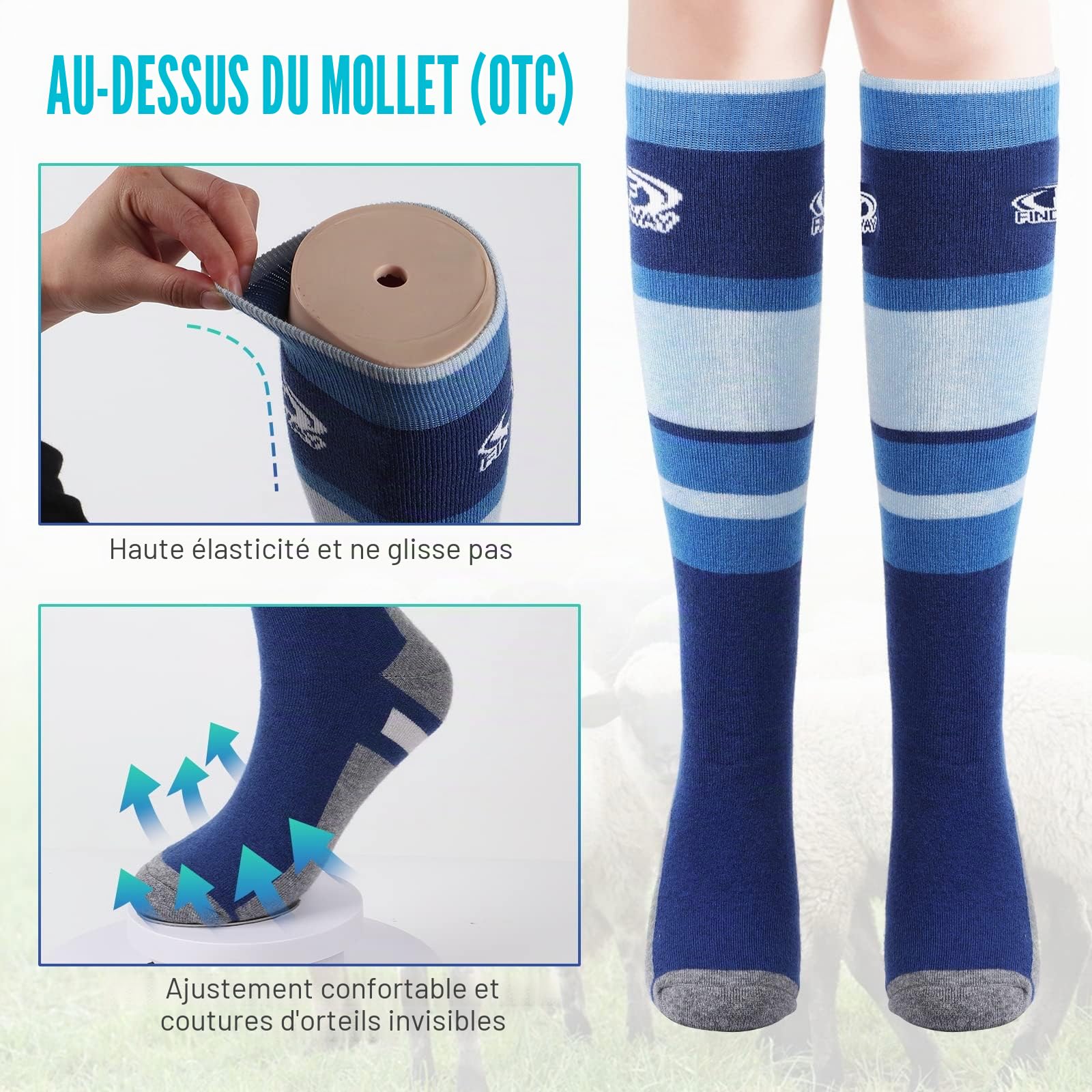 Findway Chaussettes de Ski, Chaussettes de Ski Thermiques en Laine Mérinos Femmes Hommes Chaussettes de Neige Chaudes et Douces Respirant pour Ski, Patinage Snowboard, 2 Paires/3 Paires