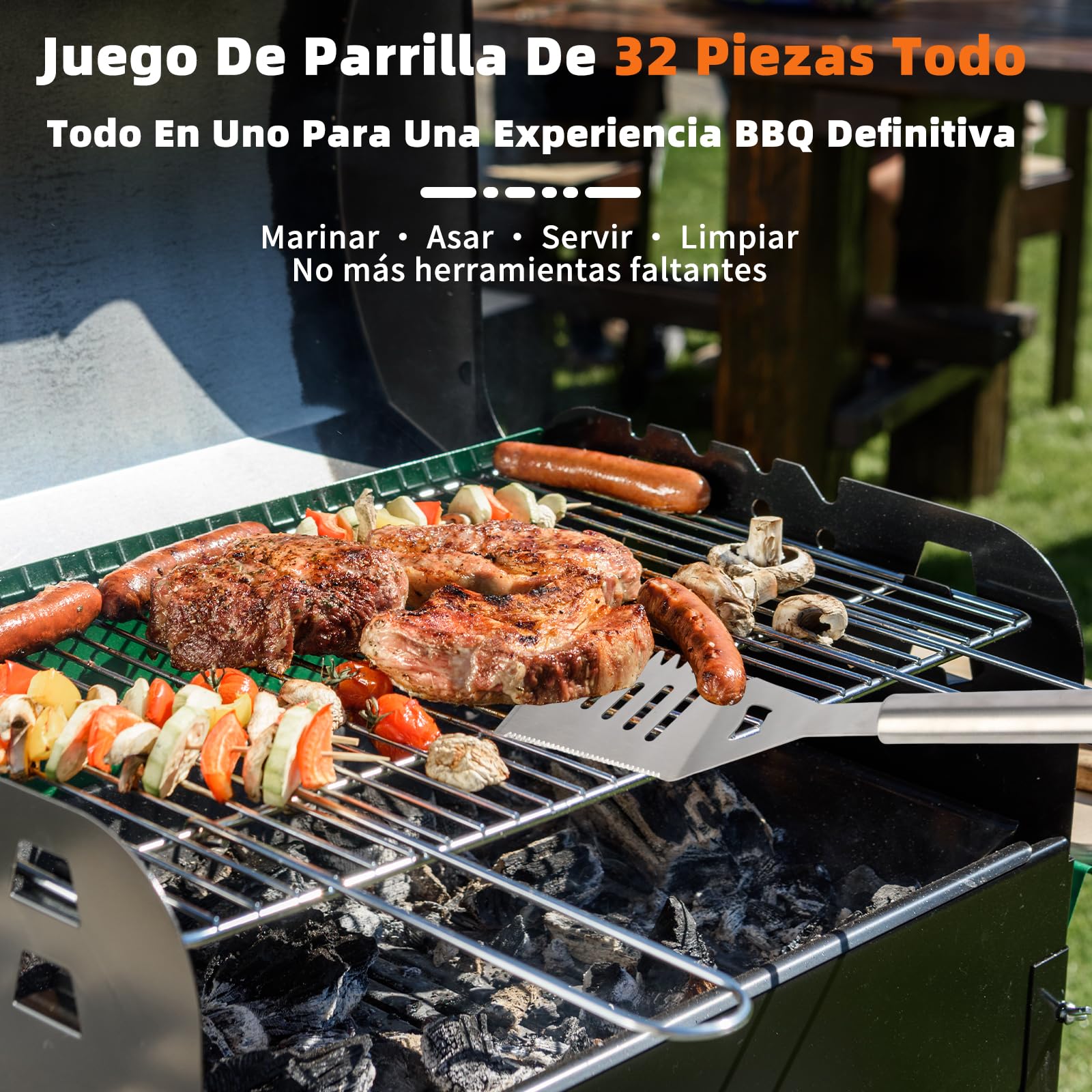 Juego de 32 Piezas Set Accesorios Barbacoa, Acero Inoxidable Kit Utensilios Barbacoa para Asar al Aire Libre con Bolsa, Cuchillo, Termómetro y Jeringa para Carne, Regalo para Hombre, Padre, Cumpleaños