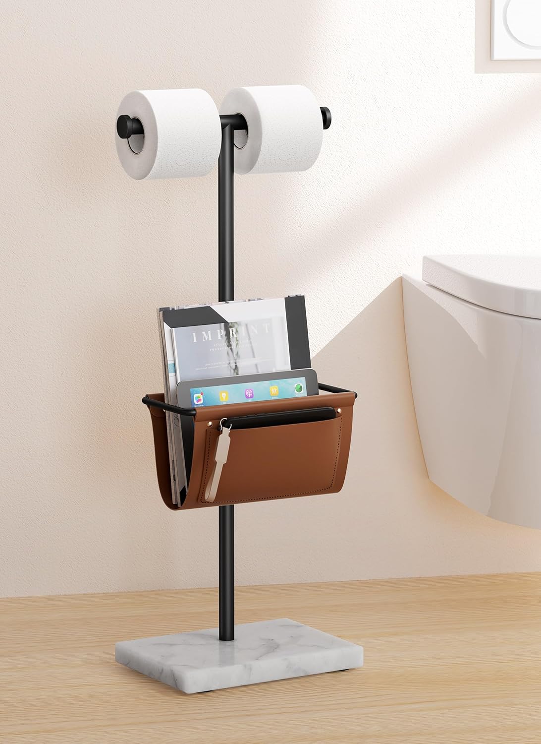 KES Black Toilet Paper Holder Stand with Bathroom Magazine Rack, Double