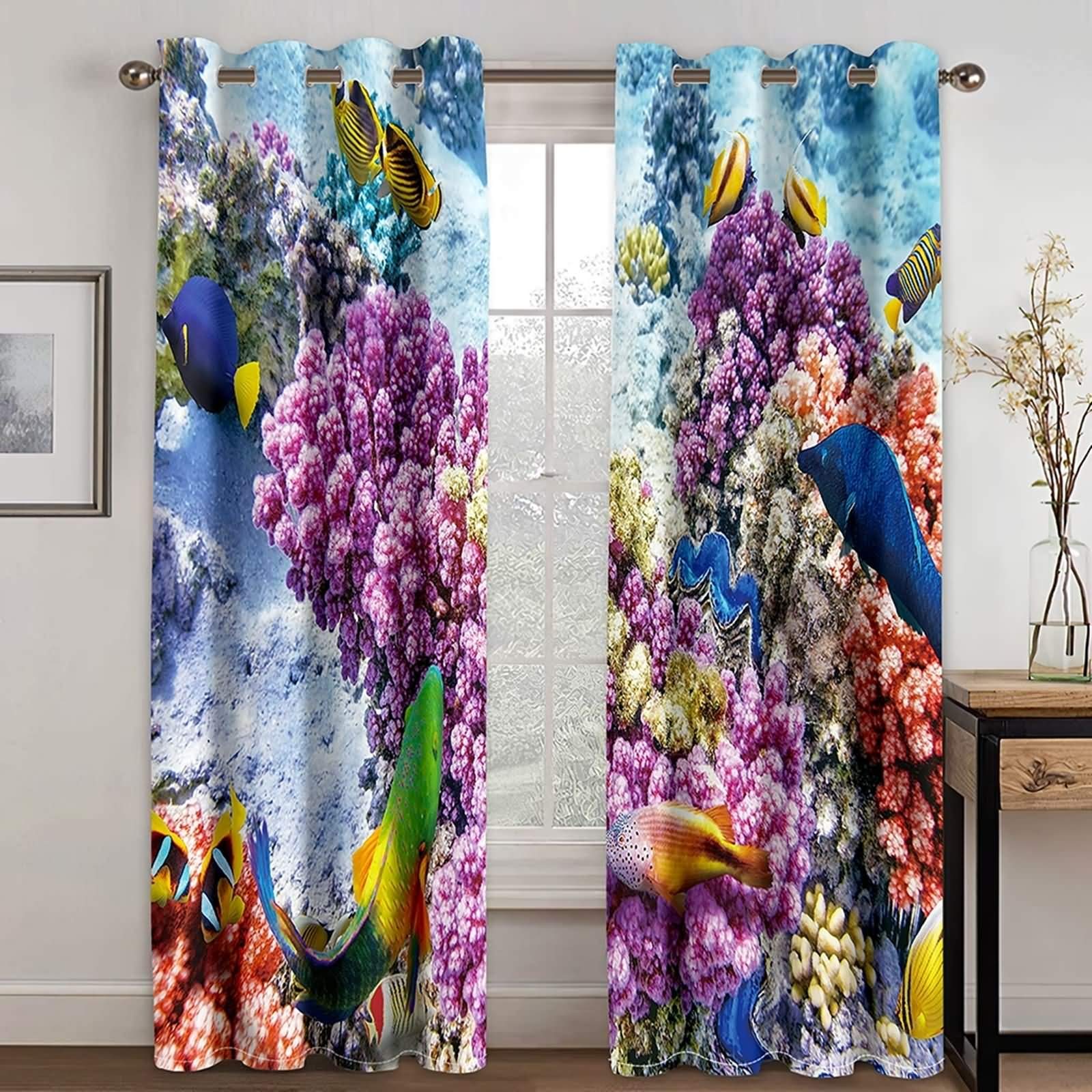 KnSam Rideaux Occultants Imprimé Moderne pour Chambre Salon, 137x183CM x 2PCS, Rideau Imprimé Monde sous-Marin Violet Bleu