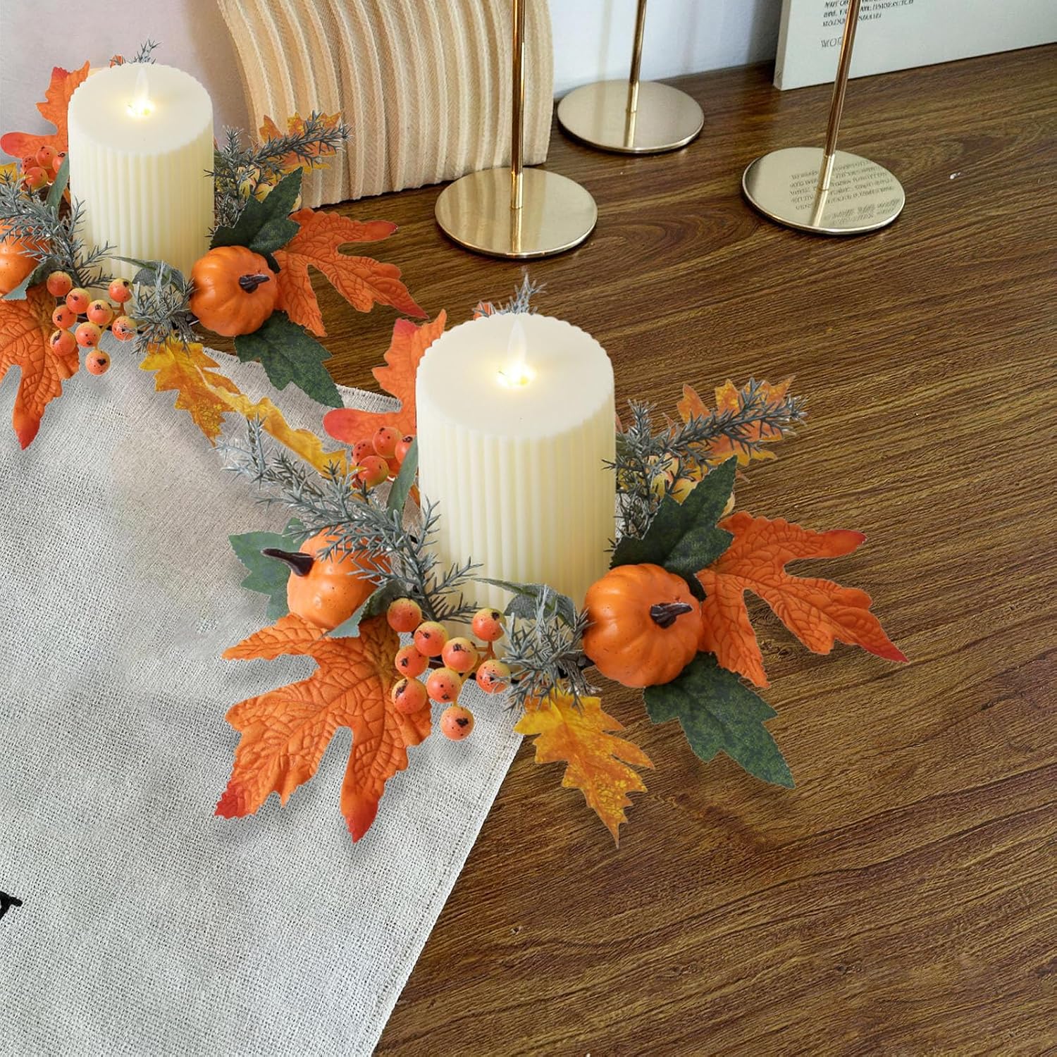 Thanksgiving Artificial Pumpkins Berries Candle Ring Wreath